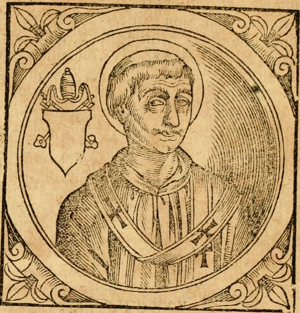An illustration from Historia B. Platinae de vitis pontificum Romanorum : a D.N. Jesu Christo usque ad Paulum II. venetum papam : longe' quam antea emendatior, doctissimarumq[ue] annotationum Onuphrii Panuinii accessione nunc illustrior reddita : cui, eiusdem Onuphrii accurata atque fideli operâ, reliquorum pontificum vitae, usq[ue] ad Pium V. & Antonii Ciccarellae, usq[ue] ad Clementem VIII. qui hodiè sanctæ Romanae Catholicae ecclesiae præsidet, adiunctæ sunt : accesserunt nunc demum omnium pontificum verae effigies : omnia summo studio emendata & correcta, 1600, leaf 34