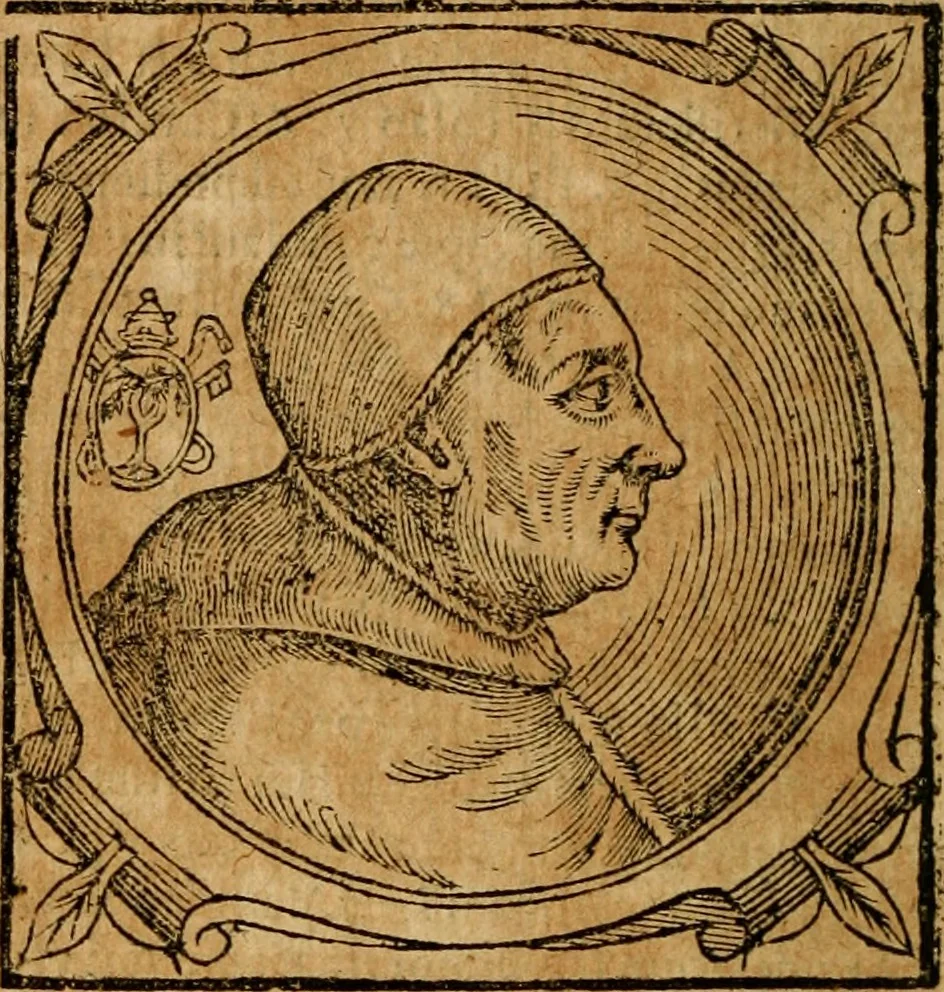 An illustration from Historia B. Platinae de vitis pontificum Romanorum : a D.N. Jesu Christo usque ad Paulum II. venetum papam : longe' quam antea emendatior, doctissimarumq[ue] annotationum Onuphrii Panuinii accessione nunc illustrior reddita : cui, eiusdem Onuphrii accurata atque fideli operâ, reliquorum pontificum vitae, usq[ue] ad Pium V. & Antonii Ciccarellae, usq[ue] ad Clementem VIII. qui hodiè sanctæ Romanae Catholicae ecclesiae præsidet, adiunctæ sunt : accesserunt nunc demum omnium pontificum verae effigies : omnia summo studio emendata & correcta, 1600, leaf 343
