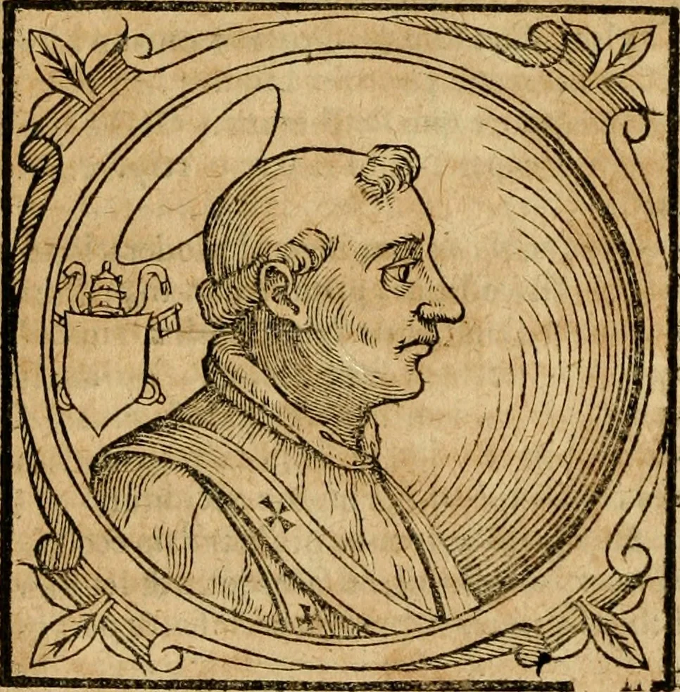 An illustration from Historia B. Platinae de vitis pontificum Romanorum : a D.N. Jesu Christo usque ad Paulum II. venetum papam : longe' quam antea emendatior, doctissimarumq[ue] annotationum Onuphrii Panuinii accessione nunc illustrior reddita : cui, eiusdem Onuphrii accurata atque fideli operâ, reliquorum pontificum vitae, usq[ue] ad Pium V. & Antonii Ciccarellae, usq[ue] ad Clementem VIII. qui hodiè sanctæ Romanae Catholicae ecclesiae præsidet, adiunctæ sunt : accesserunt nunc demum omnium pontificum verae effigies : omnia summo studio emendata & correcta, 1600, leaf 35