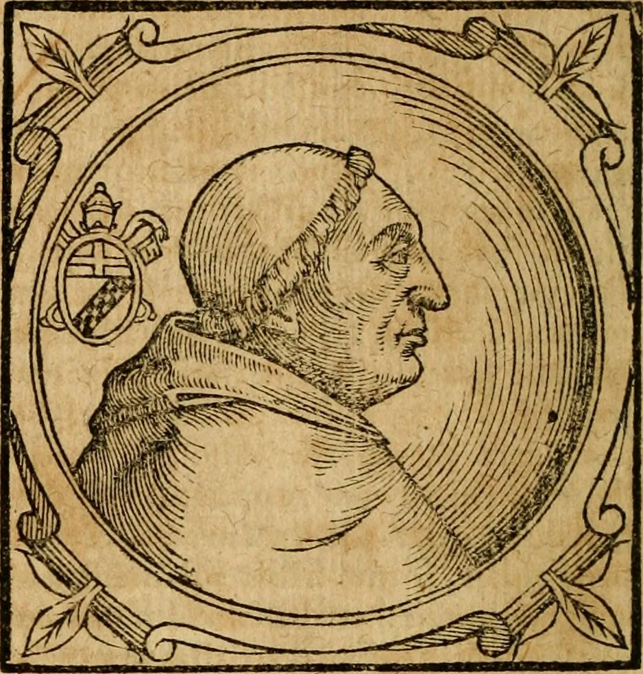 An illustration from Historia B. Platinae de vitis pontificum Romanorum : a D.N. Jesu Christo usque ad Paulum II. venetum papam : longe' quam antea emendatior, doctissimarumq[ue] annotationum Onuphrii Panuinii accessione nunc illustrior reddita : cui, eiusdem Onuphrii accurata atque fideli operâ, reliquorum pontificum vitae, usq[ue] ad Pium V. & Antonii Ciccarellae, usq[ue] ad Clementem VIII. qui hodiè sanctæ Romanae Catholicae ecclesiae præsidet, adiunctæ sunt : accesserunt nunc demum omnium pontificum verae effigies : omnia summo studio emendata & correcta, 1600, leaf 351