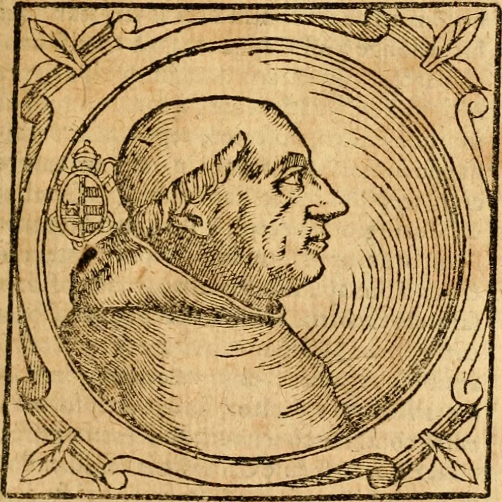 An illustration from Historia B. Platinae de vitis pontificum Romanorum : a D.N. Jesu Christo usque ad Paulum II. venetum papam : longe' quam antea emendatior, doctissimarumq[ue] annotationum Onuphrii Panuinii accessione nunc illustrior reddita : cui, eiusdem Onuphrii accurata atque fideli operâ, reliquorum pontificum vitae, usq[ue] ad Pium V. & Antonii Ciccarellae, usq[ue] ad Clementem VIII. qui hodiè sanctæ Romanae Catholicae ecclesiae præsidet, adiunctæ sunt : accesserunt nunc demum omnium pontificum verae effigies : omnia summo studio emendata & correcta, 1600, leaf 356