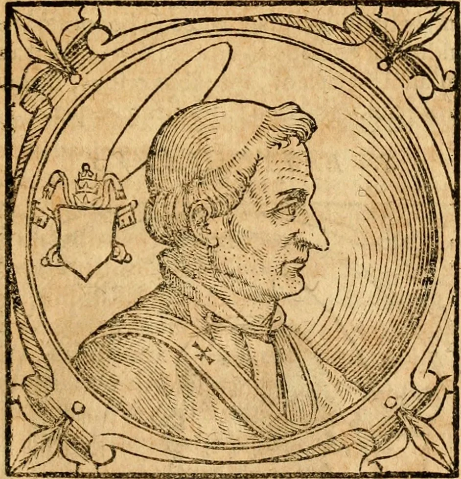 An illustration from Historia B. Platinae de vitis pontificum Romanorum : a D.N. Jesu Christo usque ad Paulum II. venetum papam : longe' quam antea emendatior, doctissimarumq[ue] annotationum Onuphrii Panuinii accessione nunc illustrior reddita : cui, eiusdem Onuphrii accurata atque fideli operâ, reliquorum pontificum vitae, usq[ue] ad Pium V. & Antonii Ciccarellae, usq[ue] ad Clementem VIII. qui hodiè sanctæ Romanae Catholicae ecclesiae præsidet, adiunctæ sunt : accesserunt nunc demum omnium pontificum verae effigies : omnia summo studio emendata & correcta, 1600, leaf 36