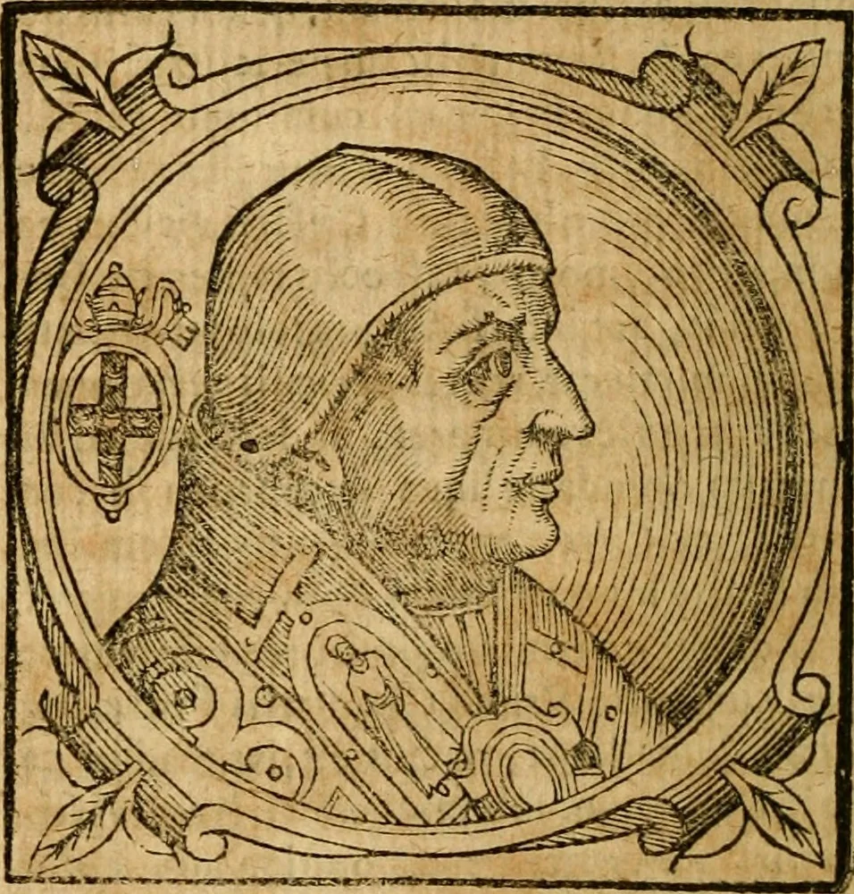 An illustration from Historia B. Platinae de vitis pontificum Romanorum : a D.N. Jesu Christo usque ad Paulum II. venetum papam : longe' quam antea emendatior, doctissimarumq[ue] annotationum Onuphrii Panuinii accessione nunc illustrior reddita : cui, eiusdem Onuphrii accurata atque fideli operâ, reliquorum pontificum vitae, usq[ue] ad Pium V. & Antonii Ciccarellae, usq[ue] ad Clementem VIII. qui hodiè sanctæ Romanae Catholicae ecclesiae præsidet, adiunctæ sunt : accesserunt nunc demum omnium pontificum verae effigies : omnia summo studio emendata & correcta, 1600, leaf 361