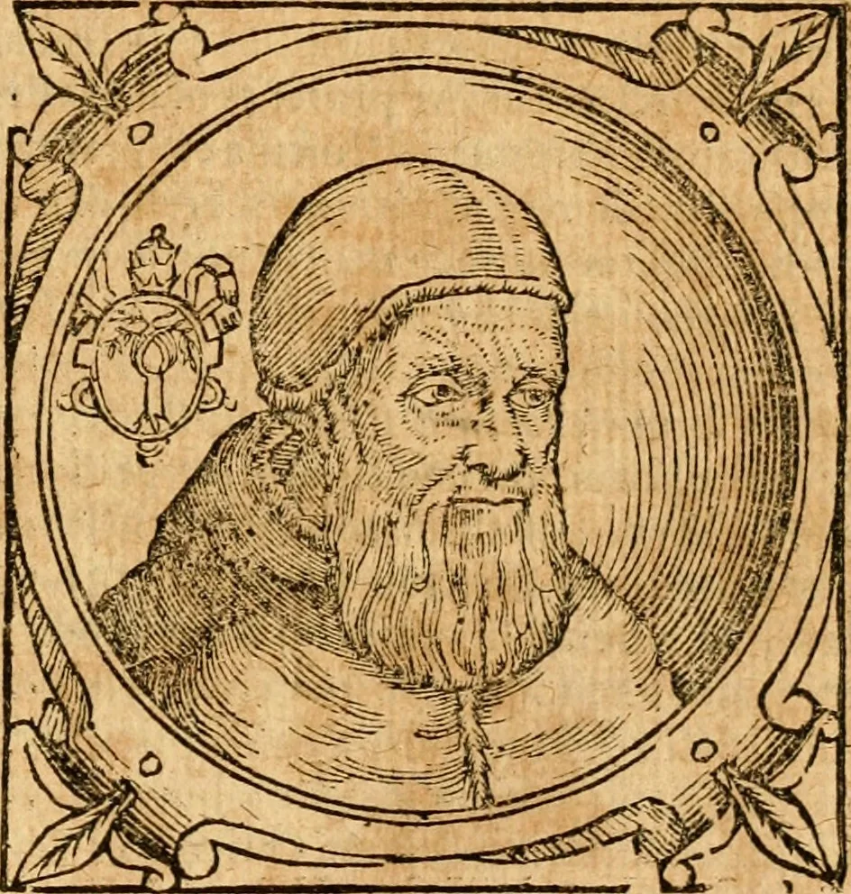 An illustration from Historia B. Platinae de vitis pontificum Romanorum : a D.N. Jesu Christo usque ad Paulum II. venetum papam : longe' quam antea emendatior, doctissimarumq[ue] annotationum Onuphrii Panuinii accessione nunc illustrior reddita : cui, eiusdem Onuphrii accurata atque fideli operâ, reliquorum pontificum vitae, usq[ue] ad Pium V. & Antonii Ciccarellae, usq[ue] ad Clementem VIII. qui hodiè sanctæ Romanae Catholicae ecclesiae præsidet, adiunctæ sunt : accesserunt nunc demum omnium pontificum verae effigies : omnia summo studio emendata & correcta, 1600, leaf 362