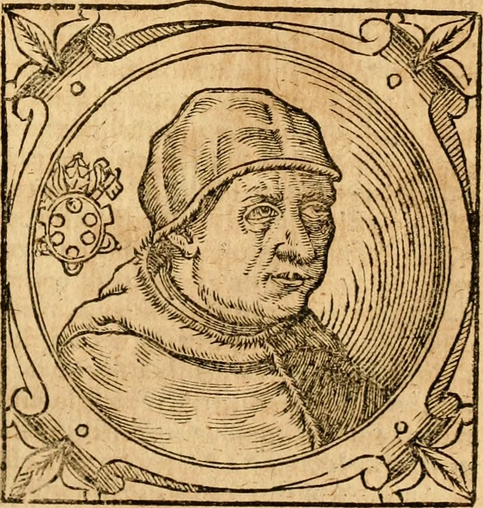 An illustration from Historia B. Platinae de vitis pontificum Romanorum : a D.N. Jesu Christo usque ad Paulum II. venetum papam : longe' quam antea emendatior, doctissimarumq[ue] annotationum Onuphrii Panuinii accessione nunc illustrior reddita : cui, eiusdem Onuphrii accurata atque fideli operâ, reliquorum pontificum vitae, usq[ue] ad Pium V. & Antonii Ciccarellae, usq[ue] ad Clementem VIII. qui hodiè sanctæ Romanae Catholicae ecclesiae præsidet, adiunctæ sunt : accesserunt nunc demum omnium pontificum verae effigies : omnia summo studio emendata & correcta, 1600, leaf 366