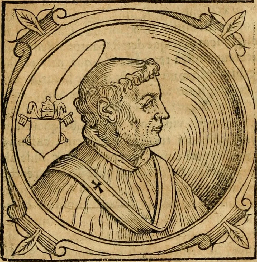 An illustration from Historia B. Platinae de vitis pontificum Romanorum : a D.N. Jesu Christo usque ad Paulum II. venetum papam : longe' quam antea emendatior, doctissimarumq[ue] annotationum Onuphrii Panuinii accessione nunc illustrior reddita : cui, eiusdem Onuphrii accurata atque fideli operâ, reliquorum pontificum vitae, usq[ue] ad Pium V. & Antonii Ciccarellae, usq[ue] ad Clementem VIII. qui hodiè sanctæ Romanae Catholicae ecclesiae præsidet, adiunctæ sunt : accesserunt nunc demum omnium pontificum verae effigies : omnia summo studio emendata & correcta, 1600, leaf 37