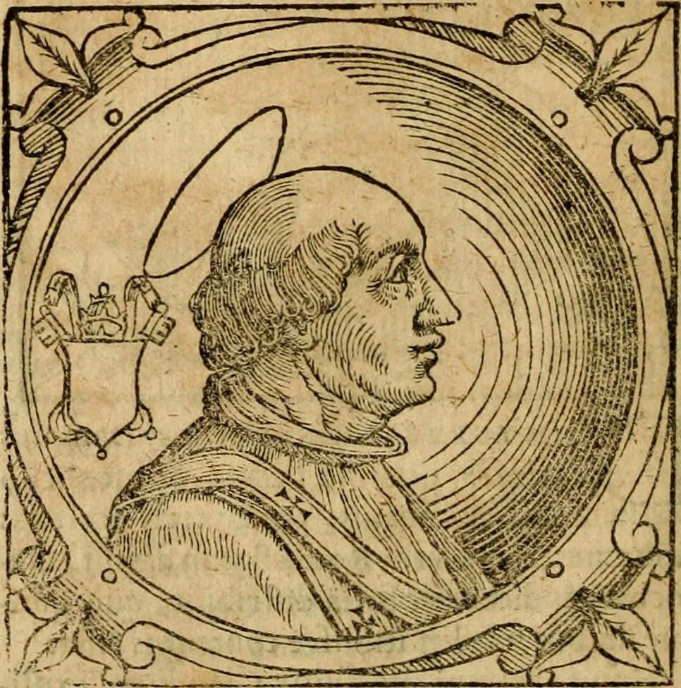 An illustration from Historia B. Platinae de vitis pontificum Romanorum : a D.N. Jesu Christo usque ad Paulum II. venetum papam : longe' quam antea emendatior, doctissimarumq[ue] annotationum Onuphrii Panuinii accessione nunc illustrior reddita : cui, eiusdem Onuphrii accurata atque fideli operâ, reliquorum pontificum vitae, usq[ue] ad Pium V. & Antonii Ciccarellae, usq[ue] ad Clementem VIII. qui hodiè sanctæ Romanae Catholicae ecclesiae præsidet, adiunctæ sunt : accesserunt nunc demum omnium pontificum verae effigies : omnia summo studio emendata & correcta, 1600, leaf 37