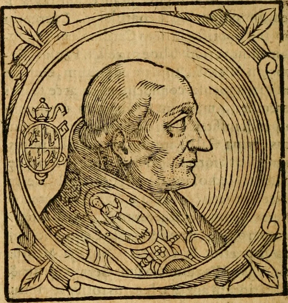 An illustration from Historia B. Platinae de vitis pontificum Romanorum : a D.N. Jesu Christo usque ad Paulum II. venetum papam : longe' quam antea emendatior, doctissimarumq[ue] annotationum Onuphrii Panuinii accessione nunc illustrior reddita : cui, eiusdem Onuphrii accurata atque fideli operâ, reliquorum pontificum vitae, usq[ue] ad Pium V. & Antonii Ciccarellae, usq[ue] ad Clementem VIII. qui hodiè sanctæ Romanae Catholicae ecclesiae præsidet, adiunctæ sunt : accesserunt nunc demum omnium pontificum verae effigies : omnia summo studio emendata & correcta, 1600, leaf 371