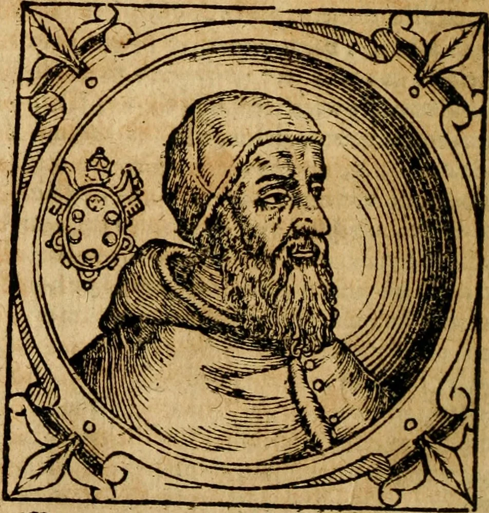 An illustration from Historia B. Platinae de vitis pontificum Romanorum : a D.N. Jesu Christo usque ad Paulum II. venetum papam : longe' quam antea emendatior, doctissimarumq[ue] annotationum Onuphrii Panuinii accessione nunc illustrior reddita : cui, eiusdem Onuphrii accurata atque fideli operâ, reliquorum pontificum vitae, usq[ue] ad Pium V. & Antonii Ciccarellae, usq[ue] ad Clementem VIII. qui hodiè sanctæ Romanae Catholicae ecclesiae præsidet, adiunctæ sunt : accesserunt nunc demum omnium pontificum verae effigies : omnia summo studio emendata & correcta, 1600, leaf 379