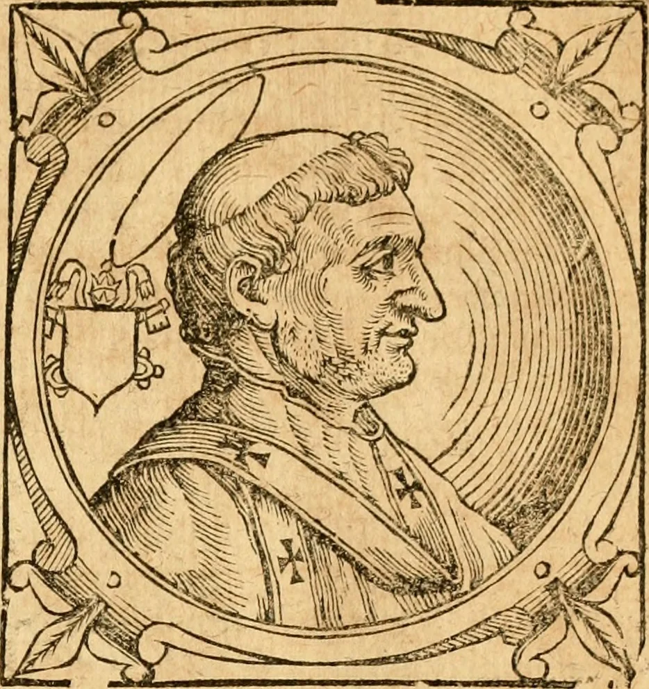 An illustration from Historia B. Platinae de vitis pontificum Romanorum : a D.N. Jesu Christo usque ad Paulum II. venetum papam : longe' quam antea emendatior, doctissimarumq[ue] annotationum Onuphrii Panuinii accessione nunc illustrior reddita : cui, eiusdem Onuphrii accurata atque fideli operâ, reliquorum pontificum vitae, usq[ue] ad Pium V. & Antonii Ciccarellae, usq[ue] ad Clementem VIII. qui hodiè sanctæ Romanae Catholicae ecclesiae præsidet, adiunctæ sunt : accesserunt nunc demum omnium pontificum verae effigies : omnia summo studio emendata & correcta, 1600, leaf 38