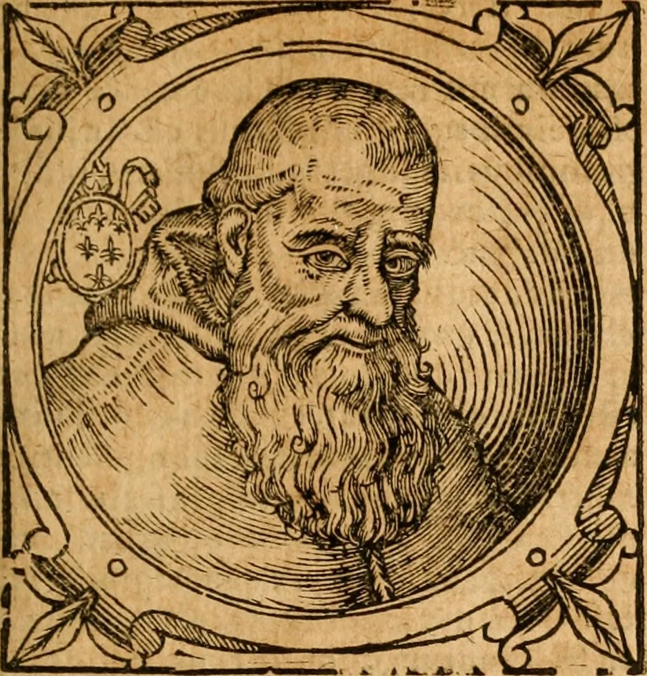 An illustration from Historia B. Platinae de vitis pontificum Romanorum : a D.N. Jesu Christo usque ad Paulum II. venetum papam : longe' quam antea emendatior, doctissimarumq[ue] annotationum Onuphrii Panuinii accessione nunc illustrior reddita : cui, eiusdem Onuphrii accurata atque fideli operâ, reliquorum pontificum vitae, usq[ue] ad Pium V. & Antonii Ciccarellae, usq[ue] ad Clementem VIII. qui hodiè sanctæ Romanae Catholicae ecclesiae præsidet, adiunctæ sunt : accesserunt nunc demum omnium pontificum verae effigies : omnia summo studio emendata & correcta, 1600, leaf 386