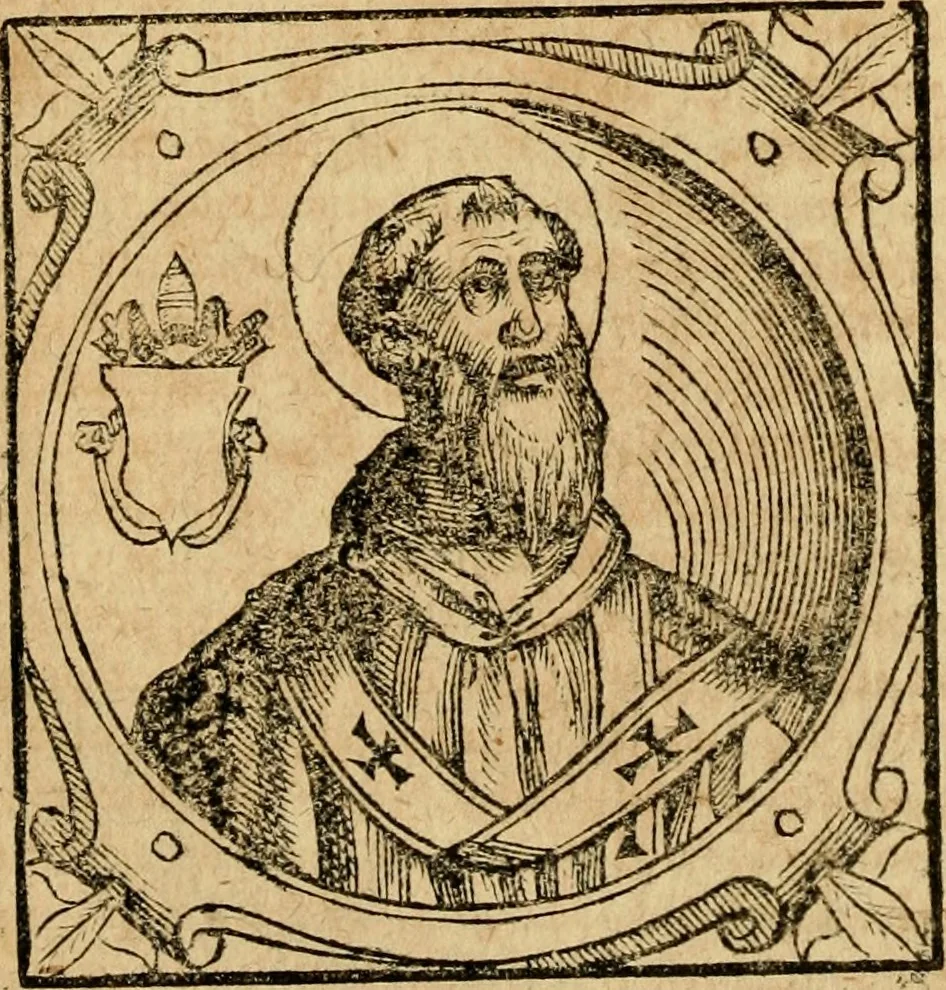 An illustration from Historia B. Platinae de vitis pontificum Romanorum : a D.N. Jesu Christo usque ad Paulum II. venetum papam : longe' quam antea emendatior, doctissimarumq[ue] annotationum Onuphrii Panuinii accessione nunc illustrior reddita : cui, eiusdem Onuphrii accurata atque fideli operâ, reliquorum pontificum vitae, usq[ue] ad Pium V. & Antonii Ciccarellae, usq[ue] ad Clementem VIII. qui hodiè sanctæ Romanae Catholicae ecclesiae præsidet, adiunctæ sunt : accesserunt nunc demum omnium pontificum verae effigies : omnia summo studio emendata & correcta, 1600, leaf 39