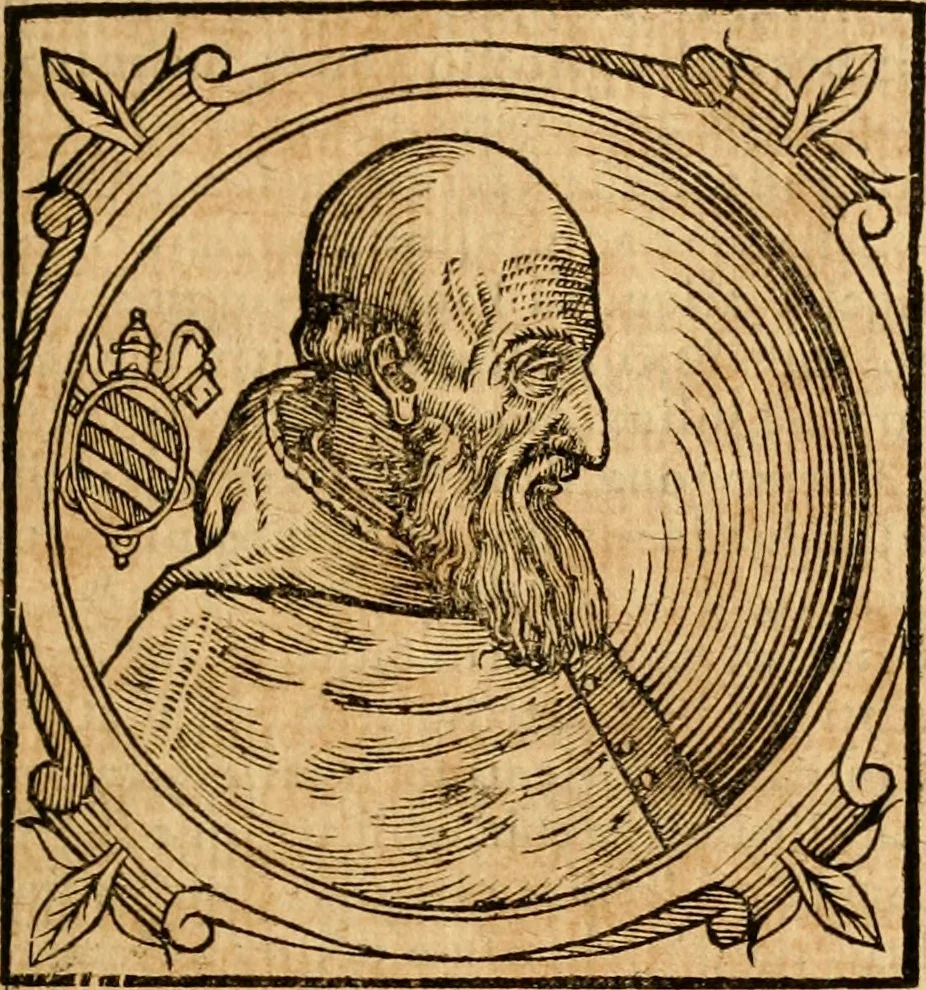 An illustration from Historia B. Platinae de vitis pontificum Romanorum : a D.N. Jesu Christo usque ad Paulum II. venetum papam : longe' quam antea emendatior, doctissimarumq[ue] annotationum Onuphrii Panuinii accessione nunc illustrior reddita : cui, eiusdem Onuphrii accurata atque fideli operâ, reliquorum pontificum vitae, usq[ue] ad Pium V. & Antonii Ciccarellae, usq[ue] ad Clementem VIII. qui hodiè sanctæ Romanae Catholicae ecclesiae præsidet, adiunctæ sunt : accesserunt nunc demum omnium pontificum verae effigies : omnia summo studio emendata & correcta, 1600, leaf 406