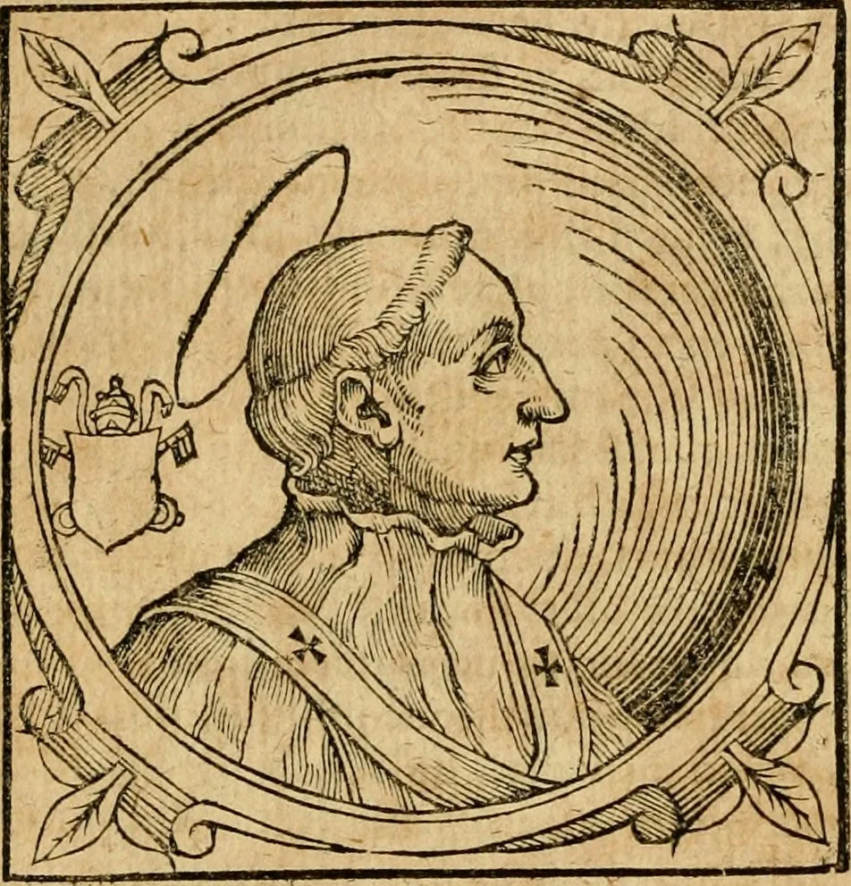 An illustration from Historia B. Platinae de vitis pontificum Romanorum : a D.N. Jesu Christo usque ad Paulum II. venetum papam : longe' quam antea emendatior, doctissimarumq[ue] annotationum Onuphrii Panuinii accessione nunc illustrior reddita : cui, eiusdem Onuphrii accurata atque fideli operâ, reliquorum pontificum vitae, usq[ue] ad Pium V. & Antonii Ciccarellae, usq[ue] ad Clementem VIII. qui hodiè sanctæ Romanae Catholicae ecclesiae præsidet, adiunctæ sunt : accesserunt nunc demum omnium pontificum verae effigies : omnia summo studio emendata & correcta, 1600, leaf 41