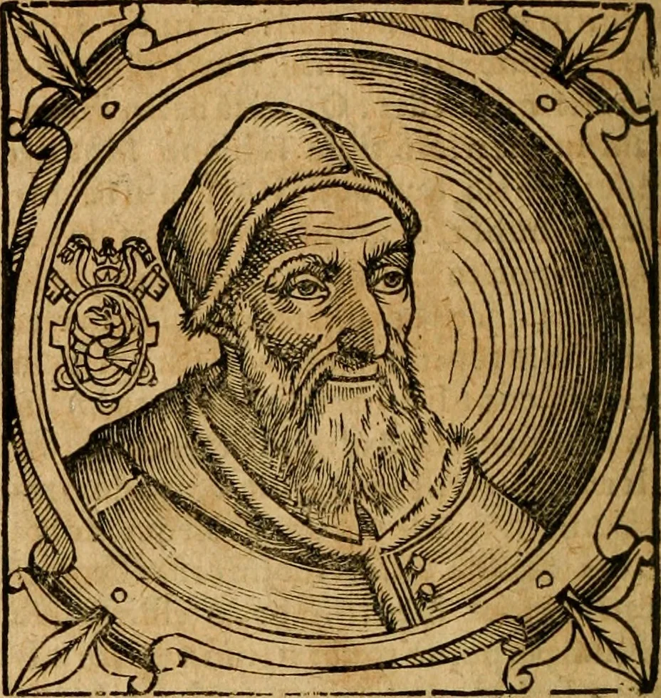 An illustration from Historia B. Platinae de vitis pontificum Romanorum : a D.N. Jesu Christo usque ad Paulum II. venetum papam : longe' quam antea emendatior, doctissimarumq[ue] annotationum Onuphrii Panuinii accessione nunc illustrior reddita : cui, eiusdem Onuphrii accurata atque fideli operâ, reliquorum pontificum vitae, usq[ue] ad Pium V. & Antonii Ciccarellae, usq[ue] ad Clementem VIII. qui hodiè sanctæ Romanae Catholicae ecclesiae præsidet, adiunctæ sunt : accesserunt nunc demum omnium pontificum verae effigies : omnia summo studio emendata & correcta, 1600, leaf 415
