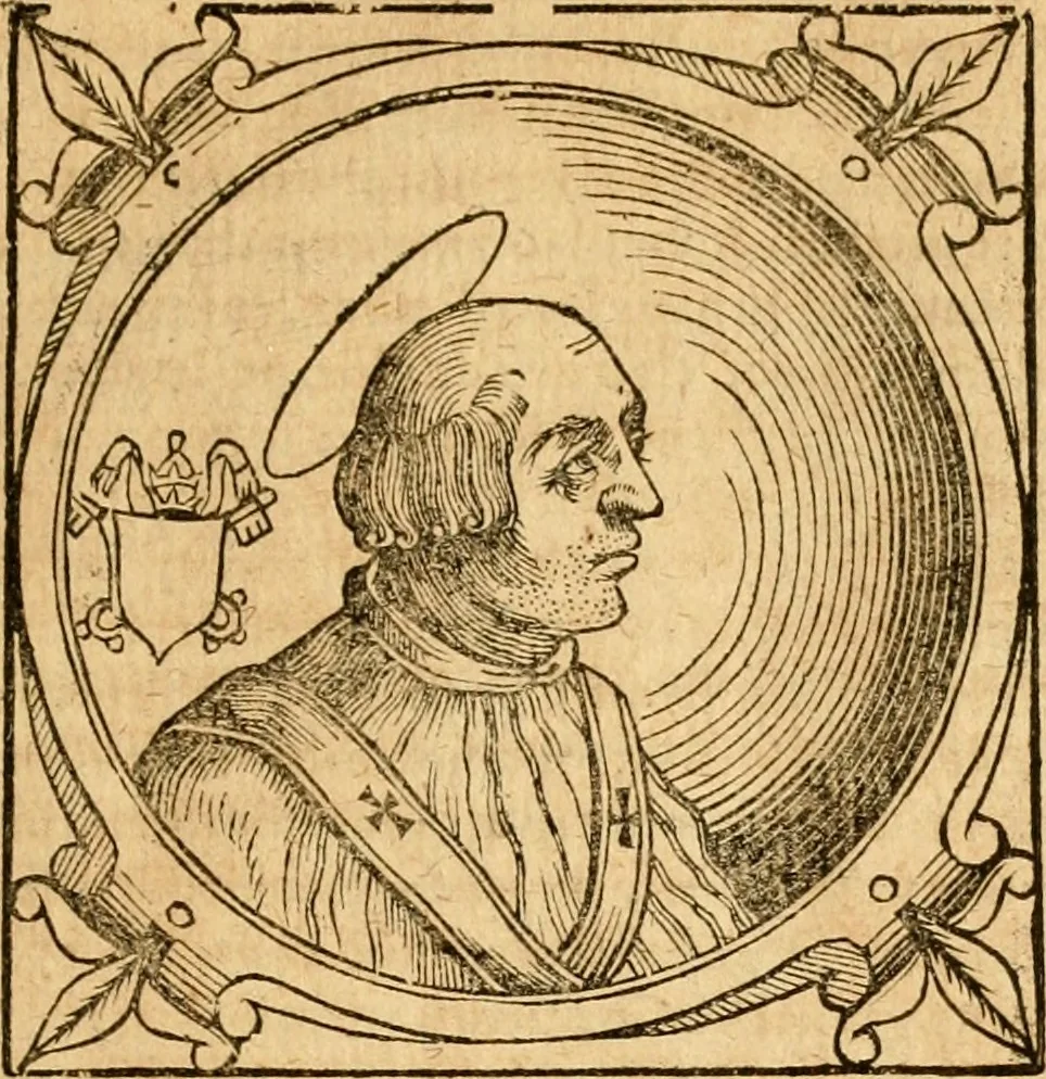 An illustration from Historia B. Platinae de vitis pontificum Romanorum : a D.N. Jesu Christo usque ad Paulum II. venetum papam : longe' quam antea emendatior, doctissimarumq[ue] annotationum Onuphrii Panuinii accessione nunc illustrior reddita : cui, eiusdem Onuphrii accurata atque fideli operâ, reliquorum pontificum vitae, usq[ue] ad Pium V. & Antonii Ciccarellae, usq[ue] ad Clementem VIII. qui hodiè sanctæ Romanae Catholicae ecclesiae præsidet, adiunctæ sunt : accesserunt nunc demum omnium pontificum verae effigies : omnia summo studio emendata & correcta, 1600, leaf 42