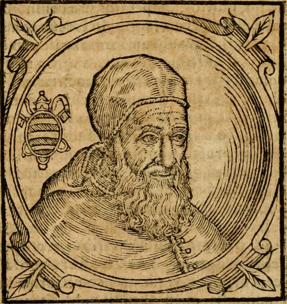 An illustration from Historia B. Platinae de vitis pontificum Romanorum : a D.N. Jesu Christo usque ad Paulum II. venetum papam : longe' quam antea emendatior, doctissimarumq[ue] annotationum Onuphrii Panuinii accessione nunc illustrior reddita : cui, eiusdem Onuphrii accurata atque fideli operâ, reliquorum pontificum vitae, usq[ue] ad Pium V. & Antonii Ciccarellae, usq[ue] ad Clementem VIII. qui hodiè sanctæ Romanae Catholicae ecclesiae præsidet, adiunctæ sunt : accesserunt nunc demum omnium pontificum verae effigies : omnia summo studio emendata & correcta, 1600, leaf 421
