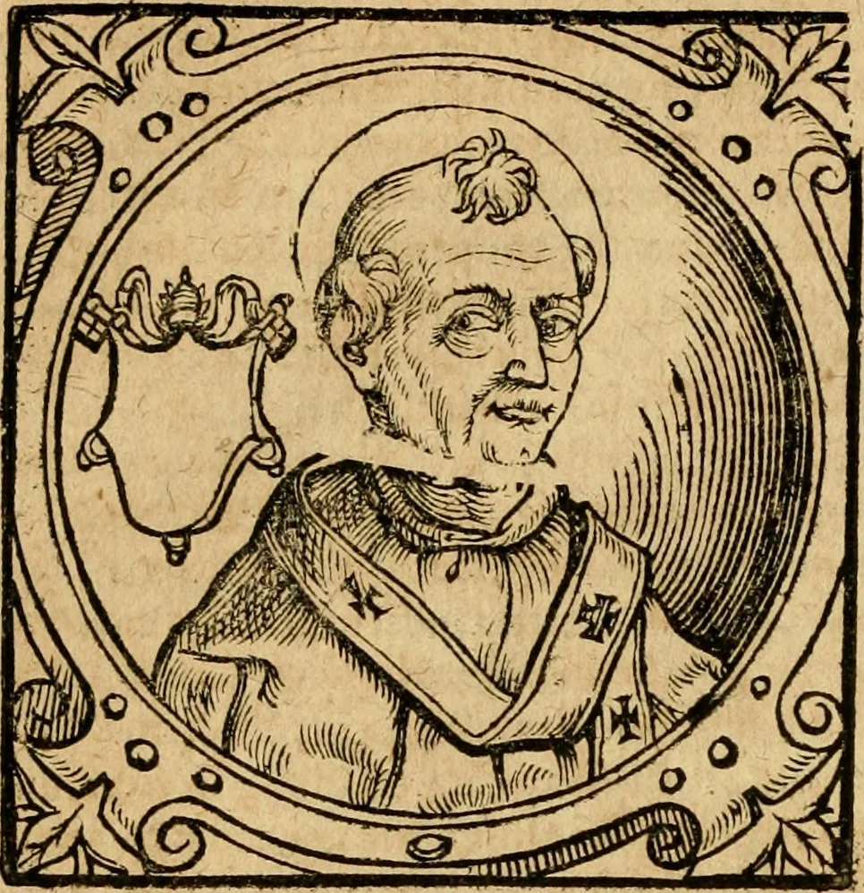 An illustration from Historia B. Platinae de vitis pontificum Romanorum : a D.N. Jesu Christo usque ad Paulum II. venetum papam : longe' quam antea emendatior, doctissimarumq[ue] annotationum Onuphrii Panuinii accessione nunc illustrior reddita : cui, eiusdem Onuphrii accurata atque fideli operâ, reliquorum pontificum vitae, usq[ue] ad Pium V. & Antonii Ciccarellae, usq[ue] ad Clementem VIII. qui hodiè sanctæ Romanae Catholicae ecclesiae præsidet, adiunctæ sunt : accesserunt nunc demum omnium pontificum verae effigies : omnia summo studio emendata & correcta, 1600, leaf 43