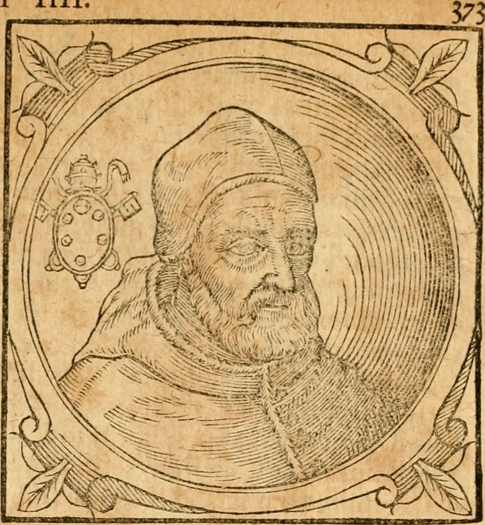 An illustration from Historia B. Platinae de vitis pontificum Romanorum : a D.N. Jesu Christo usque ad Paulum II. venetum papam : longe' quam antea emendatior, doctissimarumq[ue] annotationum Onuphrii Panuinii accessione nunc illustrior reddita : cui, eiusdem Onuphrii accurata atque fideli operâ, reliquorum pontificum vitae, usq[ue] ad Pium V. & Antonii Ciccarellae, usq[ue] ad Clementem VIII. qui hodiè sanctæ Romanae Catholicae ecclesiae præsidet, adiunctæ sunt : accesserunt nunc demum omnium pontificum verae effigies : omnia summo studio emendata & correcta, 1600, leaf 434