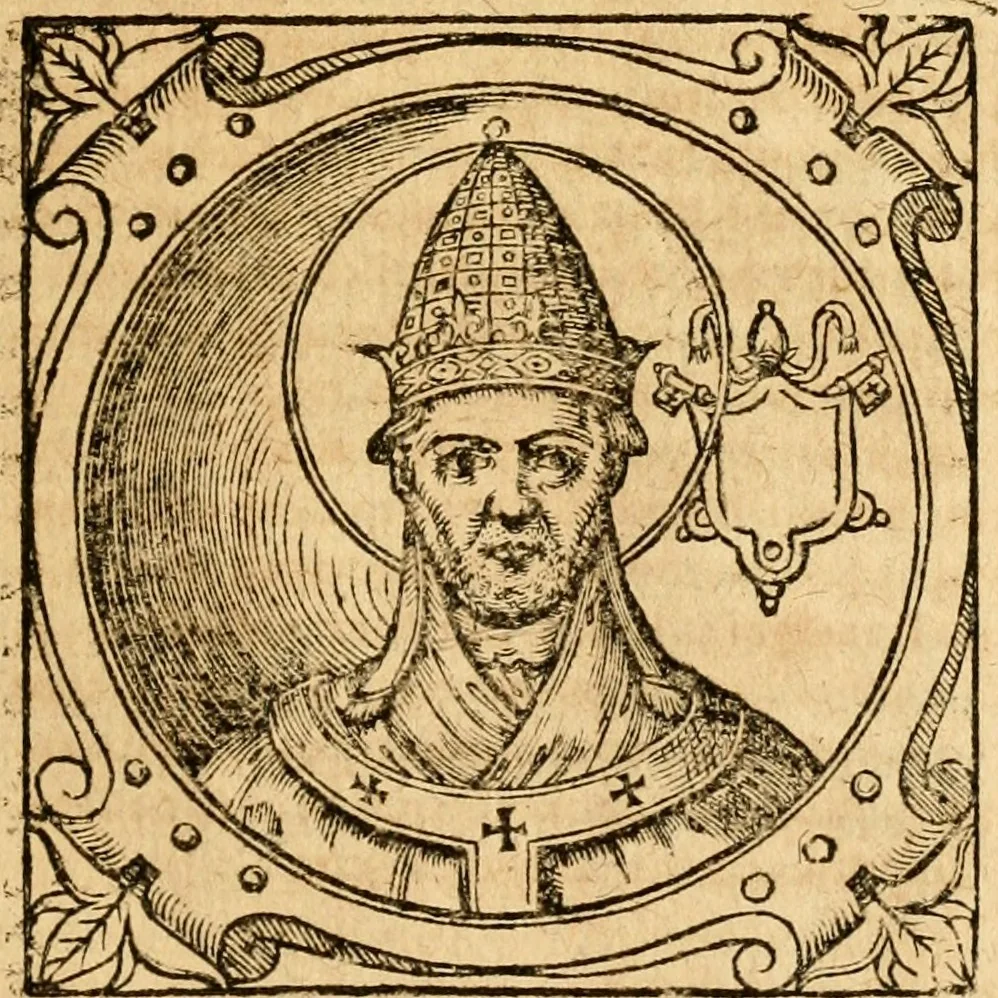 An illustration from Historia B. Platinae de vitis pontificum Romanorum : a D.N. Jesu Christo usque ad Paulum II. venetum papam : longe' quam antea emendatior, doctissimarumq[ue] annotationum Onuphrii Panuinii accessione nunc illustrior reddita : cui, eiusdem Onuphrii accurata atque fideli operâ, reliquorum pontificum vitae, usq[ue] ad Pium V. & Antonii Ciccarellae, usq[ue] ad Clementem VIII. qui hodiè sanctæ Romanae Catholicae ecclesiae præsidet, adiunctæ sunt : accesserunt nunc demum omnium pontificum verae effigies : omnia summo studio emendata & correcta, 1600, leaf 44