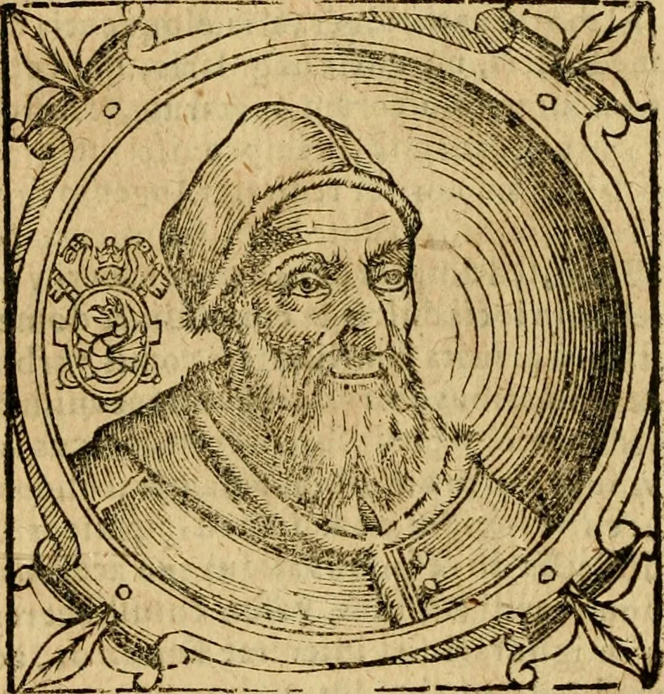 An illustration from Historia B. Platinae de vitis pontificum Romanorum : a D.N. Jesu Christo usque ad Paulum II. venetum papam : longe' quam antea emendatior, doctissimarumq[ue] annotationum Onuphrii Panuinii accessione nunc illustrior reddita : cui, eiusdem Onuphrii accurata atque fideli operâ, reliquorum pontificum vitae, usq[ue] ad Pium V. & Antonii Ciccarellae, usq[ue] ad Clementem VIII. qui hodiè sanctæ Romanae Catholicae ecclesiae præsidet, adiunctæ sunt : accesserunt nunc demum omnium pontificum verae effigies : omnia summo studio emendata & correcta, 1600, leaf 451