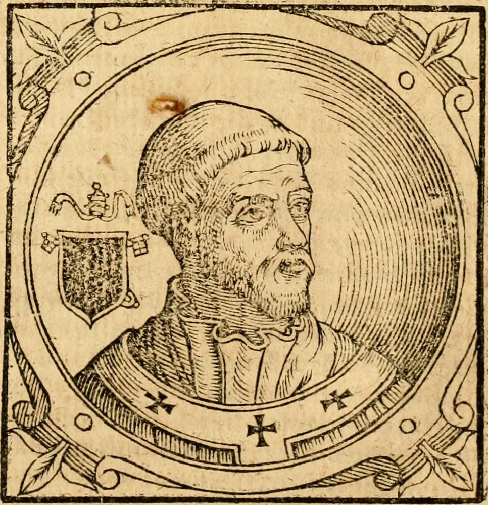 An illustration from Historia B. Platinae de vitis pontificum Romanorum : a D.N. Jesu Christo usque ad Paulum II. venetum papam : longe' quam antea emendatior, doctissimarumq[ue] annotationum Onuphrii Panuinii accessione nunc illustrior reddita : cui, eiusdem Onuphrii accurata atque fideli operâ, reliquorum pontificum vitae, usq[ue] ad Pium V. & Antonii Ciccarellae, usq[ue] ad Clementem VIII. qui hodiè sanctæ Romanae Catholicae ecclesiae præsidet, adiunctæ sunt : accesserunt nunc demum omnium pontificum verae effigies : omnia summo studio emendata & correcta, 1600, leaf 462