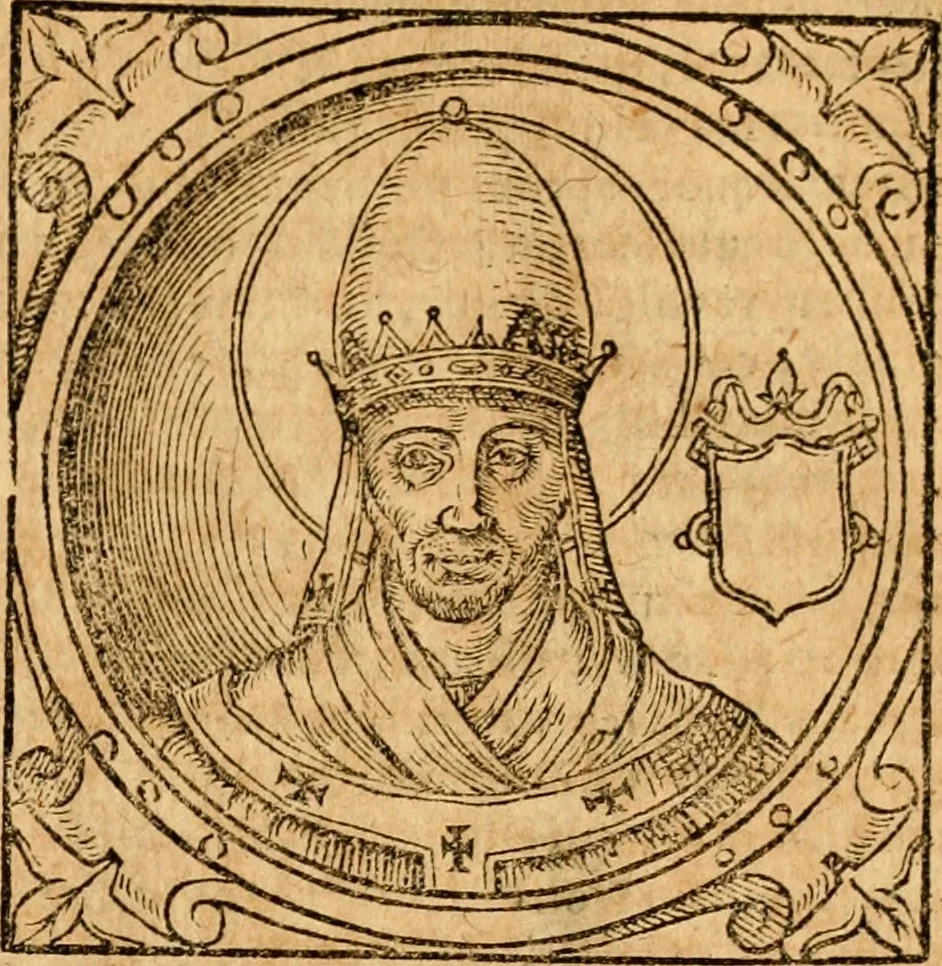An illustration from Historia B. Platinae de vitis pontificum Romanorum : a D.N. Jesu Christo usque ad Paulum II. venetum papam : longe' quam antea emendatior, doctissimarumq[ue] annotationum Onuphrii Panuinii accessione nunc illustrior reddita : cui, eiusdem Onuphrii accurata atque fideli operâ, reliquorum pontificum vitae, usq[ue] ad Pium V. & Antonii Ciccarellae, usq[ue] ad Clementem VIII. qui hodiè sanctæ Romanae Catholicae ecclesiae præsidet, adiunctæ sunt : accesserunt nunc demum omnium pontificum verae effigies : omnia summo studio emendata & correcta, 1600, leaf 48