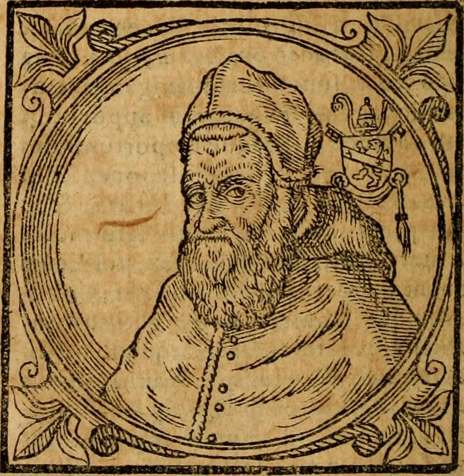 An illustration from Historia B. Platinae de vitis pontificum Romanorum : a D.N. Jesu Christo usque ad Paulum II. venetum papam : longe' quam antea emendatior, doctissimarumq[ue] annotationum Onuphrii Panuinii accessione nunc illustrior reddita : cui, eiusdem Onuphrii accurata atque fideli operâ, reliquorum pontificum vitae, usq[ue] ad Pium V. & Antonii Ciccarellae, usq[ue] ad Clementem VIII. qui hodiè sanctæ Romanae Catholicae ecclesiae præsidet, adiunctæ sunt : accesserunt nunc demum omnium pontificum verae effigies : omnia summo studio emendata & correcta, 1600, leaf 483