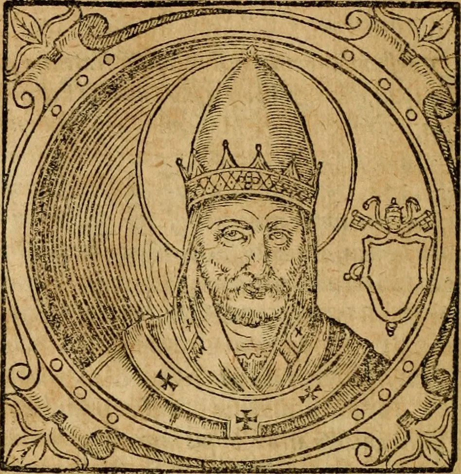 An illustration from Historia B. Platinae de vitis pontificum Romanorum : a D.N. Jesu Christo usque ad Paulum II. venetum papam : longe' quam antea emendatior, doctissimarumq[ue] annotationum Onuphrii Panuinii accessione nunc illustrior reddita : cui, eiusdem Onuphrii accurata atque fideli operâ, reliquorum pontificum vitae, usq[ue] ad Pium V. & Antonii Ciccarellae, usq[ue] ad Clementem VIII. qui hodiè sanctæ Romanae Catholicae ecclesiae præsidet, adiunctæ sunt : accesserunt nunc demum omnium pontificum verae effigies : omnia summo studio emendata & correcta, 1600, leaf 49