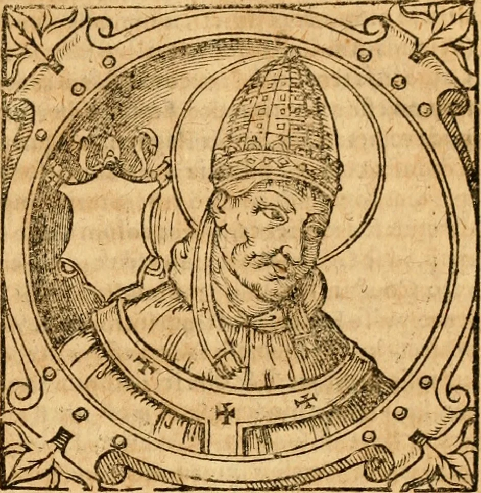 An illustration from Historia B. Platinae de vitis pontificum Romanorum : a D.N. Jesu Christo usque ad Paulum II. venetum papam : longe' quam antea emendatior, doctissimarumq[ue] annotationum Onuphrii Panuinii accessione nunc illustrior reddita : cui, eiusdem Onuphrii accurata atque fideli operâ, reliquorum pontificum vitae, usq[ue] ad Pium V. & Antonii Ciccarellae, usq[ue] ad Clementem VIII. qui hodiè sanctæ Romanae Catholicae ecclesiae præsidet, adiunctæ sunt : accesserunt nunc demum omnium pontificum verae effigies : omnia summo studio emendata & correcta, 1600, leaf 50