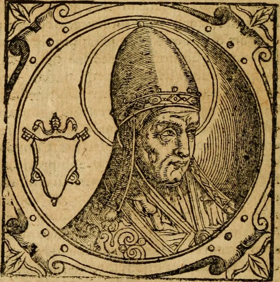 An illustration from Historia B. Platinae de vitis pontificum Romanorum : a D.N. Jesu Christo usque ad Paulum II. venetum papam : longe' quam antea emendatior, doctissimarumq[ue] annotationum Onuphrii Panuinii accessione nunc illustrior reddita : cui, eiusdem Onuphrii accurata atque fideli operâ, reliquorum pontificum vitae, usq[ue] ad Pium V. & Antonii Ciccarellae, usq[ue] ad Clementem VIII. qui hodiè sanctæ Romanae Catholicae ecclesiae præsidet, adiunctæ sunt : accesserunt nunc demum omnium pontificum verae effigies : omnia summo studio emendata & correcta, 1600, leaf 51