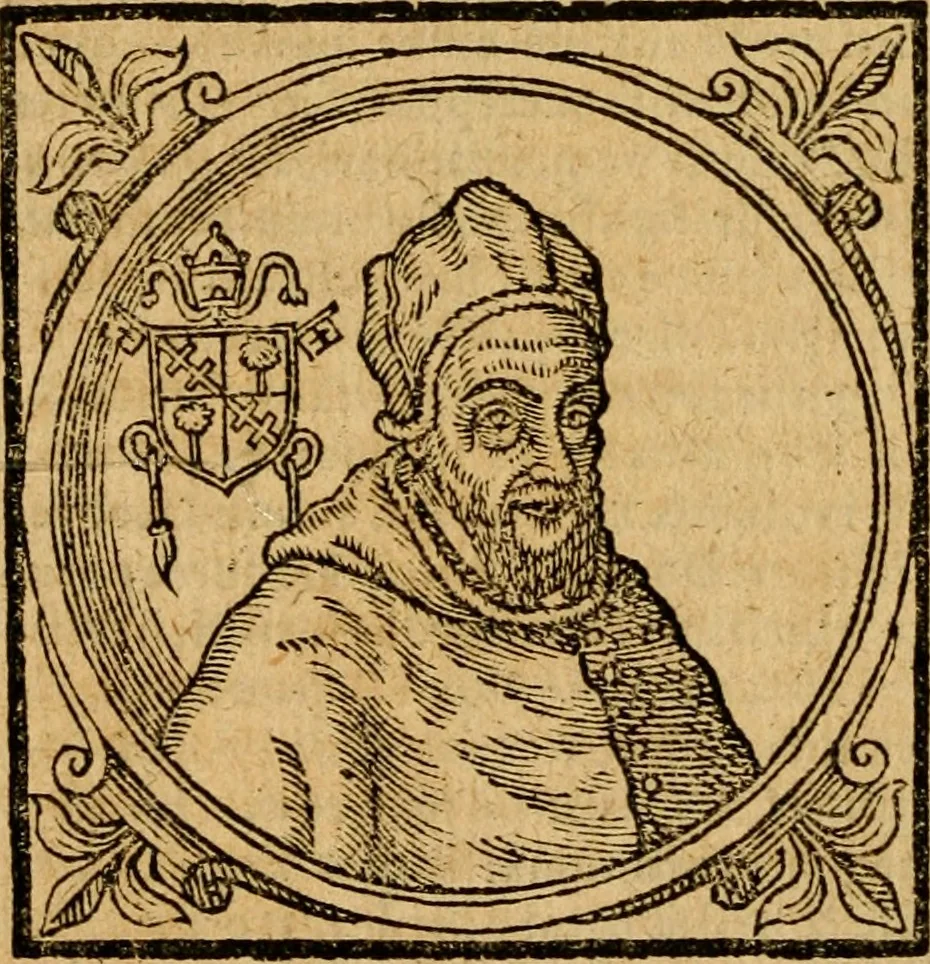 An illustration from Historia B. Platinae de vitis pontificum Romanorum : a D.N. Jesu Christo usque ad Paulum II. venetum papam : longe' quam antea emendatior, doctissimarumq[ue] annotationum Onuphrii Panuinii accessione nunc illustrior reddita : cui, eiusdem Onuphrii accurata atque fideli operâ, reliquorum pontificum vitae, usq[ue] ad Pium V. & Antonii Ciccarellae, usq[ue] ad Clementem VIII. qui hodiè sanctæ Romanae Catholicae ecclesiae præsidet, adiunctæ sunt : accesserunt nunc demum omnium pontificum verae effigies : omnia summo studio emendata & correcta, 1600, leaf 521