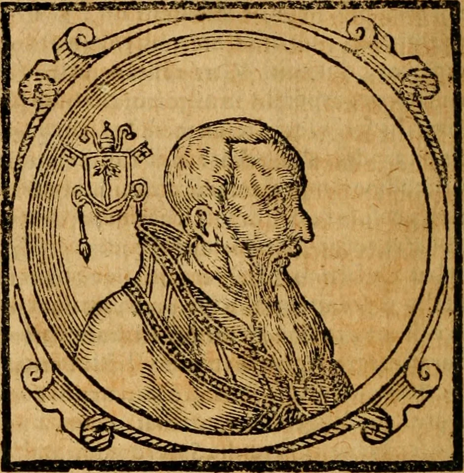 An illustration from Historia B. Platinae de vitis pontificum Romanorum : a D.N. Jesu Christo usque ad Paulum II. venetum papam : longe' quam antea emendatior, doctissimarumq[ue] annotationum Onuphrii Panuinii accessione nunc illustrior reddita : cui, eiusdem Onuphrii accurata atque fideli operâ, reliquorum pontificum vitae, usq[ue] ad Pium V. & Antonii Ciccarellae, usq[ue] ad Clementem VIII. qui hodiè sanctæ Romanae Catholicae ecclesiae præsidet, adiunctæ sunt : accesserunt nunc demum omnium pontificum verae effigies : omnia summo studio emendata & correcta, 1600, leaf 529