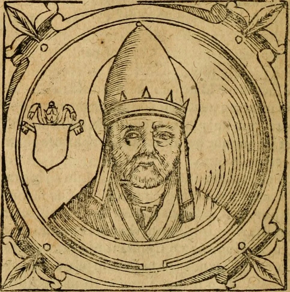 An illustration from Historia B. Platinae de vitis pontificum Romanorum : a D.N. Jesu Christo usque ad Paulum II. venetum papam : longe' quam antea emendatior, doctissimarumq[ue] annotationum Onuphrii Panuinii accessione nunc illustrior reddita : cui, eiusdem Onuphrii accurata atque fideli operâ, reliquorum pontificum vitae, usq[ue] ad Pium V. & Antonii Ciccarellae, usq[ue] ad Clementem VIII. qui hodiè sanctæ Romanae Catholicae ecclesiae præsidet, adiunctæ sunt : accesserunt nunc demum omnium pontificum verae effigies : omnia summo studio emendata & correcta, 1600, leaf 53