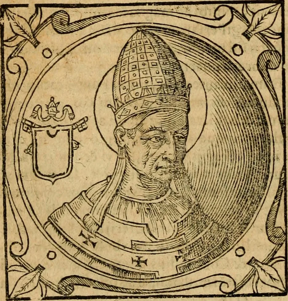 An illustration from Historia B. Platinae de vitis pontificum Romanorum : a D.N. Jesu Christo usque ad Paulum II. venetum papam : longe' quam antea emendatior, doctissimarumq[ue] annotationum Onuphrii Panuinii accessione nunc illustrior reddita : cui, eiusdem Onuphrii accurata atque fideli operâ, reliquorum pontificum vitae, usq[ue] ad Pium V. & Antonii Ciccarellae, usq[ue] ad Clementem VIII. qui hodiè sanctæ Romanae Catholicae ecclesiae præsidet, adiunctæ sunt : accesserunt nunc demum omnium pontificum verae effigies : omnia summo studio emendata & correcta, 1600, leaf 55