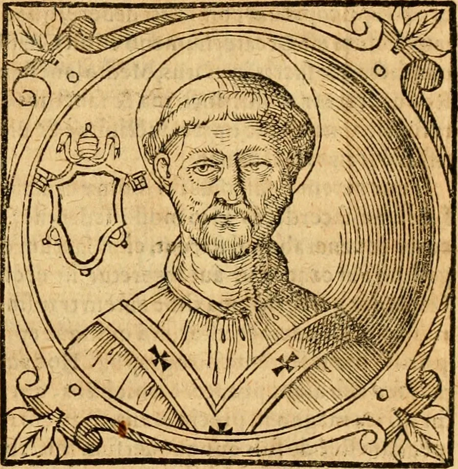 An illustration from Historia B. Platinae de vitis pontificum Romanorum : a D.N. Jesu Christo usque ad Paulum II. venetum papam : longe' quam antea emendatior, doctissimarumq[ue] annotationum Onuphrii Panuinii accessione nunc illustrior reddita : cui, eiusdem Onuphrii accurata atque fideli operâ, reliquorum pontificum vitae, usq[ue] ad Pium V. & Antonii Ciccarellae, usq[ue] ad Clementem VIII. qui hodiè sanctæ Romanae Catholicae ecclesiae præsidet, adiunctæ sunt : accesserunt nunc demum omnium pontificum verae effigies : omnia summo studio emendata & correcta, 1600, leaf 56