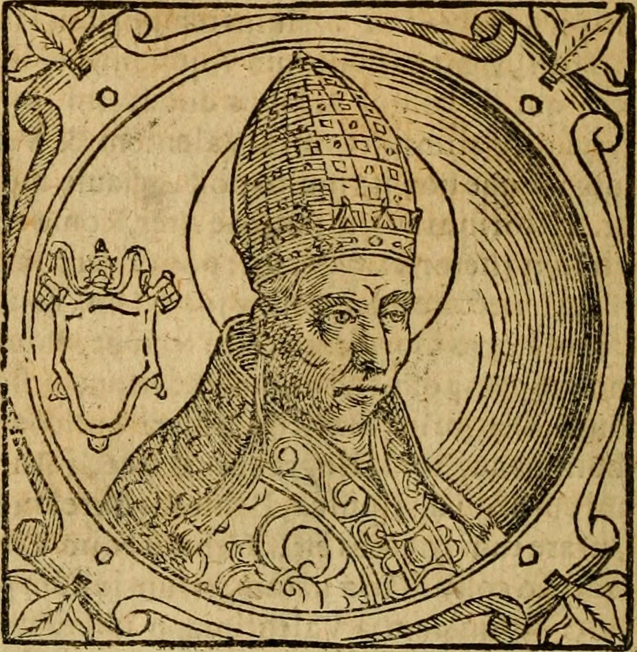 An illustration from Historia B. Platinae de vitis pontificum Romanorum : a D.N. Jesu Christo usque ad Paulum II. venetum papam : longe' quam antea emendatior, doctissimarumq[ue] annotationum Onuphrii Panuinii accessione nunc illustrior reddita : cui, eiusdem Onuphrii accurata atque fideli operâ, reliquorum pontificum vitae, usq[ue] ad Pium V. & Antonii Ciccarellae, usq[ue] ad Clementem VIII. qui hodiè sanctæ Romanae Catholicae ecclesiae præsidet, adiunctæ sunt : accesserunt nunc demum omnium pontificum verae effigies : omnia summo studio emendata & correcta, 1600, leaf 57