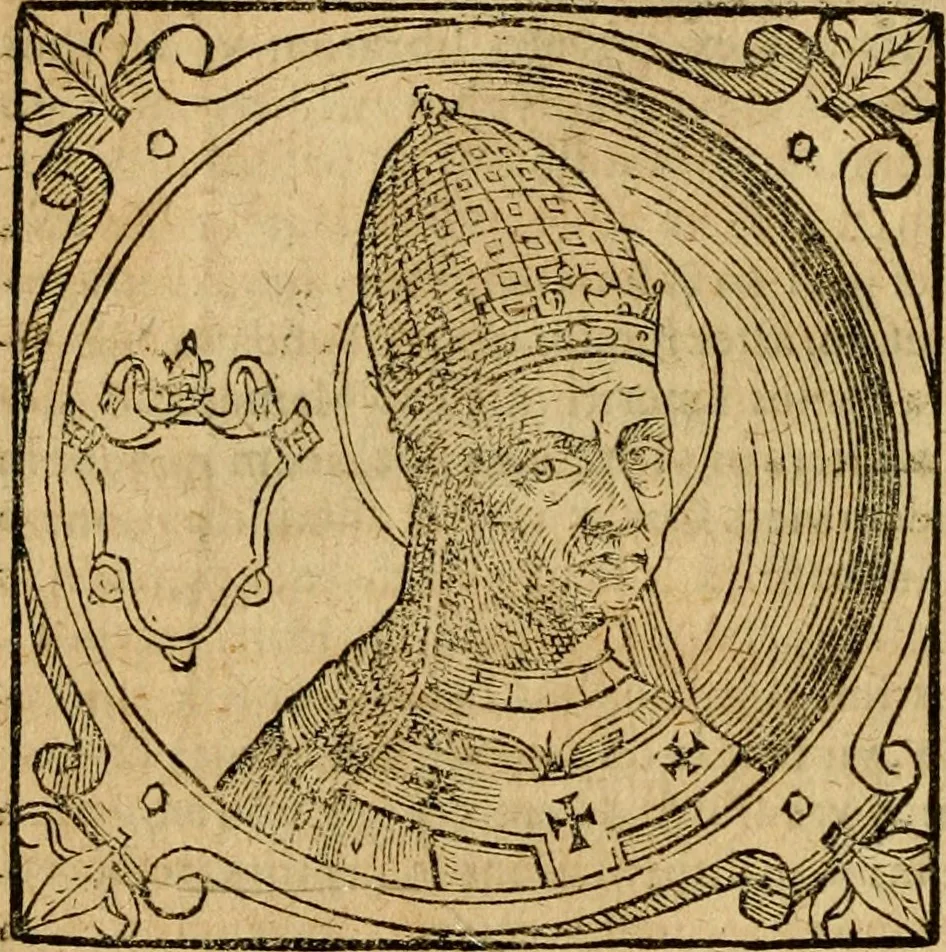 An illustration from Historia B. Platinae de vitis pontificum Romanorum : a D.N. Jesu Christo usque ad Paulum II. venetum papam : longe' quam antea emendatior, doctissimarumq[ue] annotationum Onuphrii Panuinii accessione nunc illustrior reddita : cui, eiusdem Onuphrii accurata atque fideli operâ, reliquorum pontificum vitae, usq[ue] ad Pium V. & Antonii Ciccarellae, usq[ue] ad Clementem VIII. qui hodiè sanctæ Romanae Catholicae ecclesiae præsidet, adiunctæ sunt : accesserunt nunc demum omnium pontificum verae effigies : omnia summo studio emendata & correcta, 1600, leaf 59
