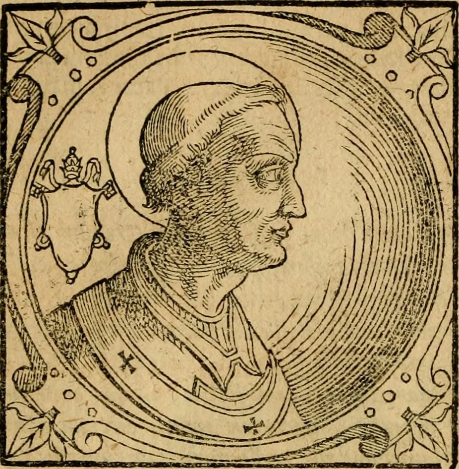 An illustration from Historia B. Platinae de vitis pontificum Romanorum : a D.N. Jesu Christo usque ad Paulum II. venetum papam : longe' quam antea emendatior, doctissimarumq[ue] annotationum Onuphrii Panuinii accessione nunc illustrior reddita : cui, eiusdem Onuphrii accurata atque fideli operâ, reliquorum pontificum vitae, usq[ue] ad Pium V. & Antonii Ciccarellae, usq[ue] ad Clementem VIII. qui hodiè sanctæ Romanae Catholicae ecclesiae præsidet, adiunctæ sunt : accesserunt nunc demum omnium pontificum verae effigies : omnia summo studio emendata & correcta, 1600, leaf 61