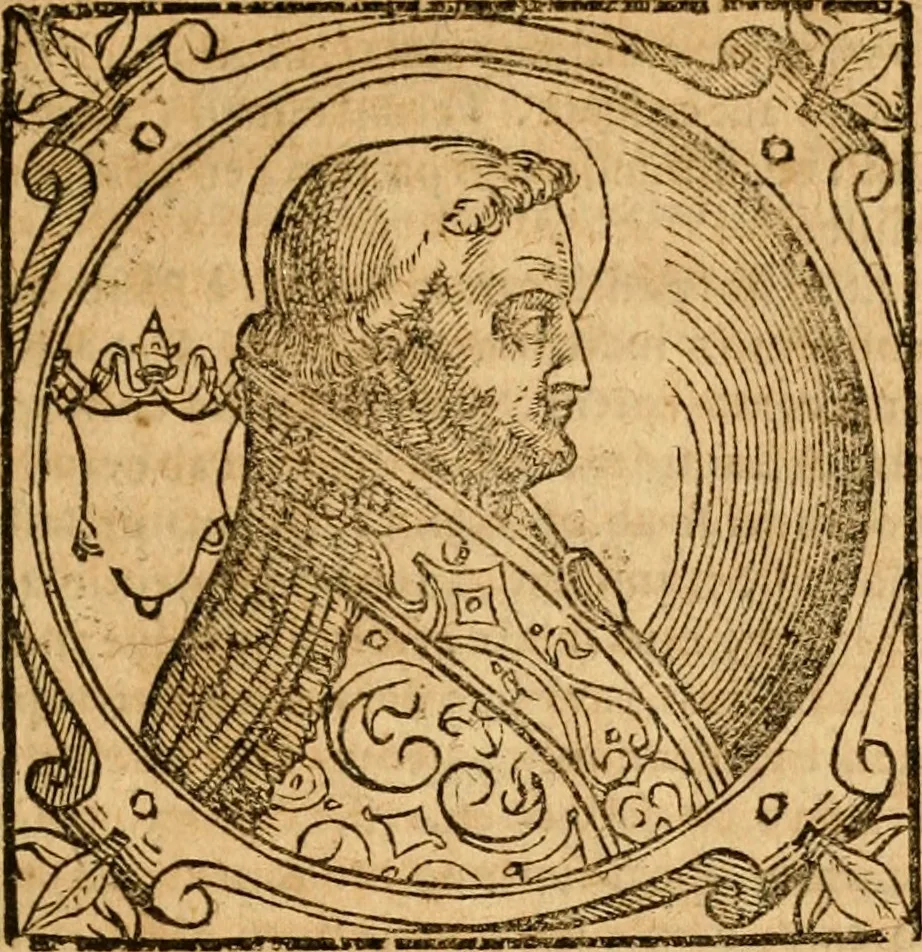 An illustration from Historia B. Platinae de vitis pontificum Romanorum : a D.N. Jesu Christo usque ad Paulum II. venetum papam : longe' quam antea emendatior, doctissimarumq[ue] annotationum Onuphrii Panuinii accessione nunc illustrior reddita : cui, eiusdem Onuphrii accurata atque fideli operâ, reliquorum pontificum vitae, usq[ue] ad Pium V. & Antonii Ciccarellae, usq[ue] ad Clementem VIII. qui hodiè sanctæ Romanae Catholicae ecclesiae præsidet, adiunctæ sunt : accesserunt nunc demum omnium pontificum verae effigies : omnia summo studio emendata & correcta, 1600, leaf 62