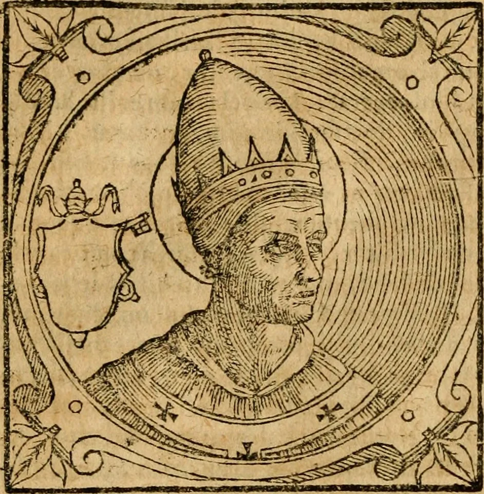 An illustration from Historia B. Platinae de vitis pontificum Romanorum : a D.N. Jesu Christo usque ad Paulum II. venetum papam : longe' quam antea emendatior, doctissimarumq[ue] annotationum Onuphrii Panuinii accessione nunc illustrior reddita : cui, eiusdem Onuphrii accurata atque fideli operâ, reliquorum pontificum vitae, usq[ue] ad Pium V. & Antonii Ciccarellae, usq[ue] ad Clementem VIII. qui hodiè sanctæ Romanae Catholicae ecclesiae præsidet, adiunctæ sunt : accesserunt nunc demum omnium pontificum verae effigies : omnia summo studio emendata & correcta, 1600, leaf 63