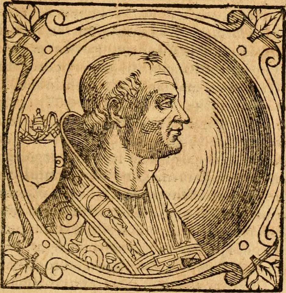 An illustration from Historia B. Platinae de vitis pontificum Romanorum : a D.N. Jesu Christo usque ad Paulum II. venetum papam : longe' quam antea emendatior, doctissimarumq[ue] annotationum Onuphrii Panuinii accessione nunc illustrior reddita : cui, eiusdem Onuphrii accurata atque fideli operâ, reliquorum pontificum vitae, usq[ue] ad Pium V. & Antonii Ciccarellae, usq[ue] ad Clementem VIII. qui hodiè sanctæ Romanae Catholicae ecclesiae præsidet, adiunctæ sunt : accesserunt nunc demum omnium pontificum verae effigies : omnia summo studio emendata & correcta, 1600, leaf 64