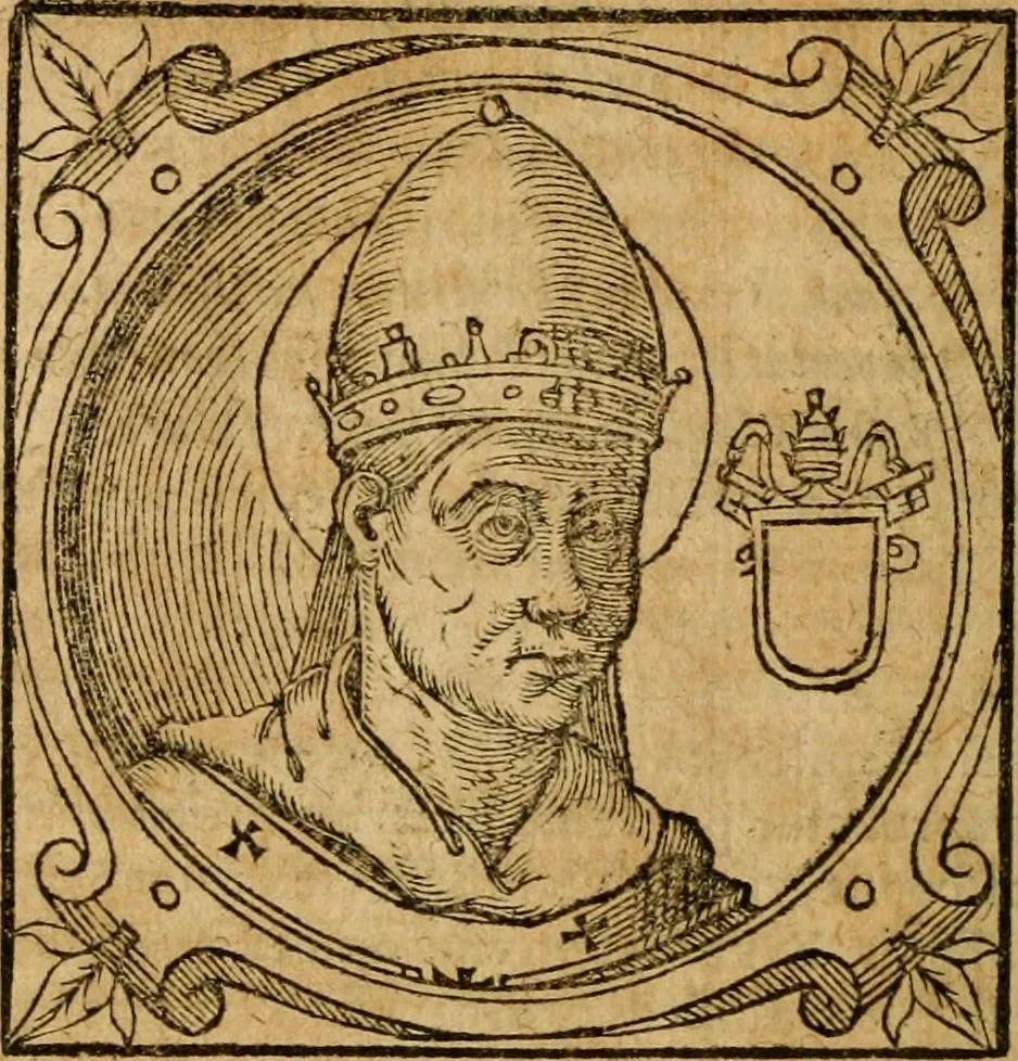 An illustration from Historia B. Platinae de vitis pontificum Romanorum : a D.N. Jesu Christo usque ad Paulum II. venetum papam : longe' quam antea emendatior, doctissimarumq[ue] annotationum Onuphrii Panuinii accessione nunc illustrior reddita : cui, eiusdem Onuphrii accurata atque fideli operâ, reliquorum pontificum vitae, usq[ue] ad Pium V. & Antonii Ciccarellae, usq[ue] ad Clementem VIII. qui hodiè sanctæ Romanae Catholicae ecclesiae præsidet, adiunctæ sunt : accesserunt nunc demum omnium pontificum verae effigies : omnia summo studio emendata & correcta, 1600, leaf 65