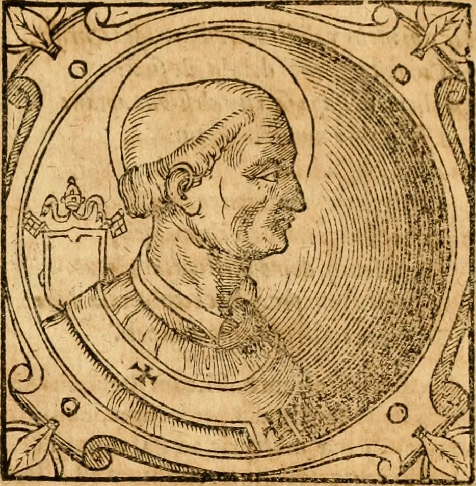 An illustration from Historia B. Platinae de vitis pontificum Romanorum : a D.N. Jesu Christo usque ad Paulum II. venetum papam : longe' quam antea emendatior, doctissimarumq[ue] annotationum Onuphrii Panuinii accessione nunc illustrior reddita : cui, eiusdem Onuphrii accurata atque fideli operâ, reliquorum pontificum vitae, usq[ue] ad Pium V. & Antonii Ciccarellae, usq[ue] ad Clementem VIII. qui hodiè sanctæ Romanae Catholicae ecclesiae præsidet, adiunctæ sunt : accesserunt nunc demum omnium pontificum verae effigies : omnia summo studio emendata & correcta, 1600, leaf 66