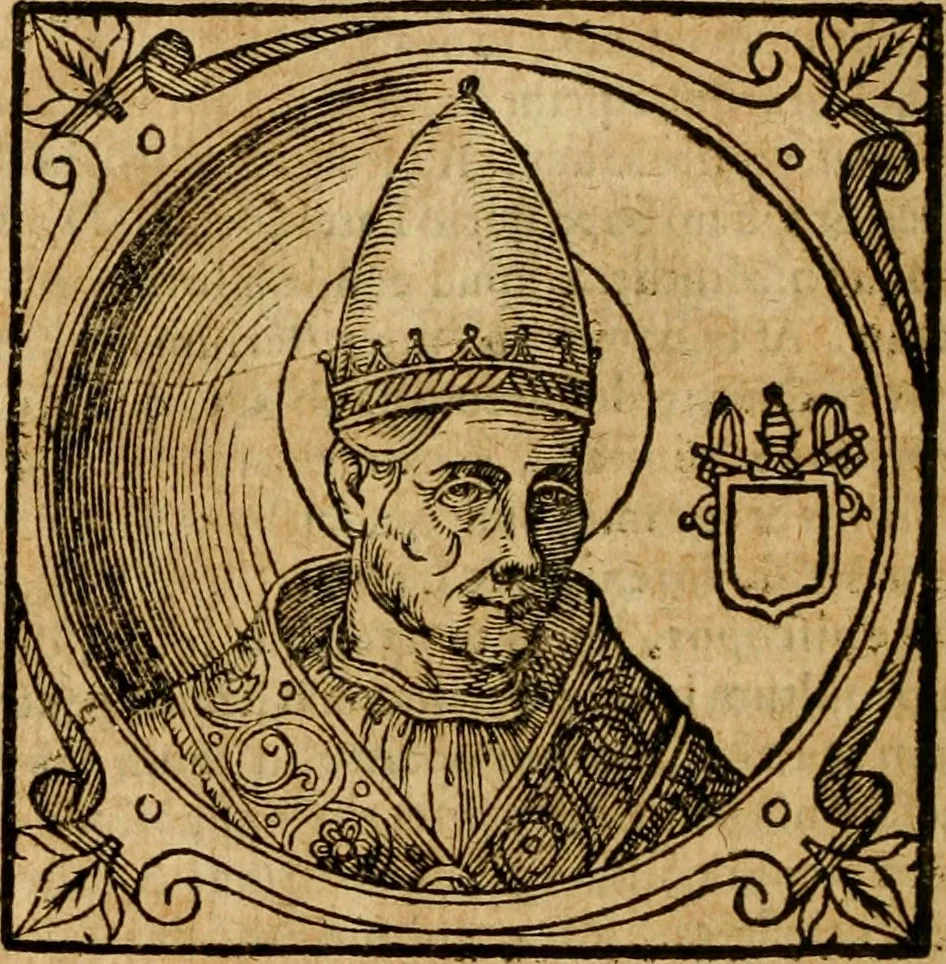 An illustration from Historia B. Platinae de vitis pontificum Romanorum : a D.N. Jesu Christo usque ad Paulum II. venetum papam : longe' quam antea emendatior, doctissimarumq[ue] annotationum Onuphrii Panuinii accessione nunc illustrior reddita : cui, eiusdem Onuphrii accurata atque fideli operâ, reliquorum pontificum vitae, usq[ue] ad Pium V. & Antonii Ciccarellae, usq[ue] ad Clementem VIII. qui hodiè sanctæ Romanae Catholicae ecclesiae præsidet, adiunctæ sunt : accesserunt nunc demum omnium pontificum verae effigies : omnia summo studio emendata & correcta, 1600, leaf 67