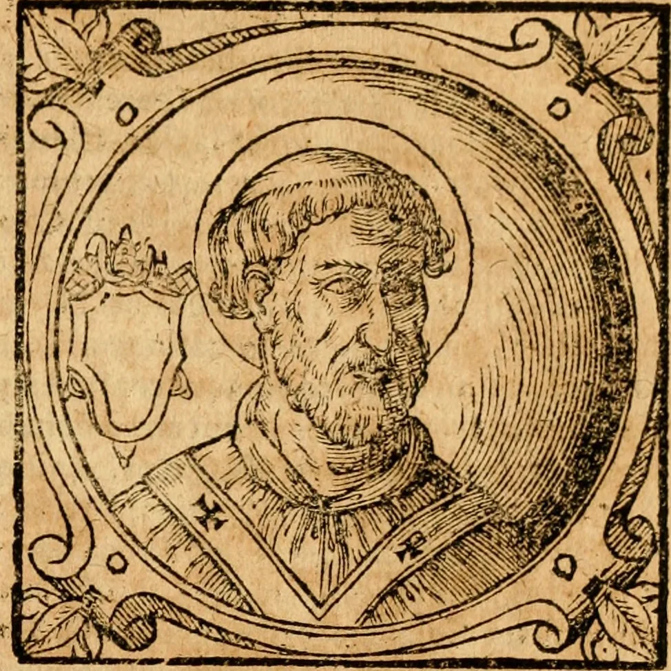 An illustration from Historia B. Platinae de vitis pontificum Romanorum : a D.N. Jesu Christo usque ad Paulum II. venetum papam : longe' quam antea emendatior, doctissimarumq[ue] annotationum Onuphrii Panuinii accessione nunc illustrior reddita : cui, eiusdem Onuphrii accurata atque fideli operâ, reliquorum pontificum vitae, usq[ue] ad Pium V. & Antonii Ciccarellae, usq[ue] ad Clementem VIII. qui hodiè sanctæ Romanae Catholicae ecclesiae præsidet, adiunctæ sunt : accesserunt nunc demum omnium pontificum verae effigies : omnia summo studio emendata & correcta, 1600, leaf 68