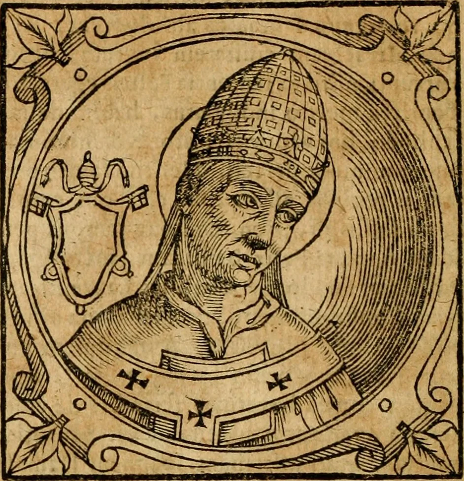 An illustration from Historia B. Platinae de vitis pontificum Romanorum : a D.N. Jesu Christo usque ad Paulum II. venetum papam : longe' quam antea emendatior, doctissimarumq[ue] annotationum Onuphrii Panuinii accessione nunc illustrior reddita : cui, eiusdem Onuphrii accurata atque fideli operâ, reliquorum pontificum vitae, usq[ue] ad Pium V. & Antonii Ciccarellae, usq[ue] ad Clementem VIII. qui hodiè sanctæ Romanae Catholicae ecclesiae præsidet, adiunctæ sunt : accesserunt nunc demum omnium pontificum verae effigies : omnia summo studio emendata & correcta, 1600, leaf 69