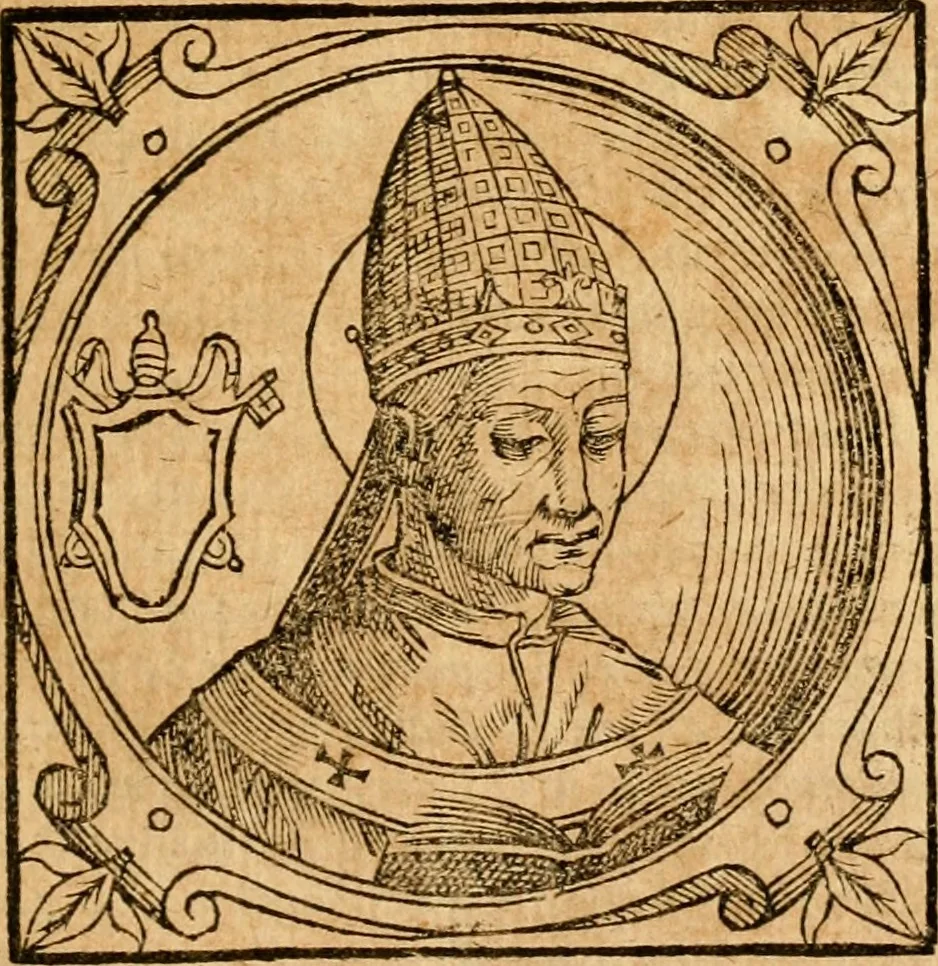 An illustration from Historia B. Platinae de vitis pontificum Romanorum : a D.N. Jesu Christo usque ad Paulum II. venetum papam : longe' quam antea emendatior, doctissimarumq[ue] annotationum Onuphrii Panuinii accessione nunc illustrior reddita : cui, eiusdem Onuphrii accurata atque fideli operâ, reliquorum pontificum vitae, usq[ue] ad Pium V. & Antonii Ciccarellae, usq[ue] ad Clementem VIII. qui hodiè sanctæ Romanae Catholicae ecclesiae præsidet, adiunctæ sunt : accesserunt nunc demum omnium pontificum verae effigies : omnia summo studio emendata & correcta, 1600, leaf 70