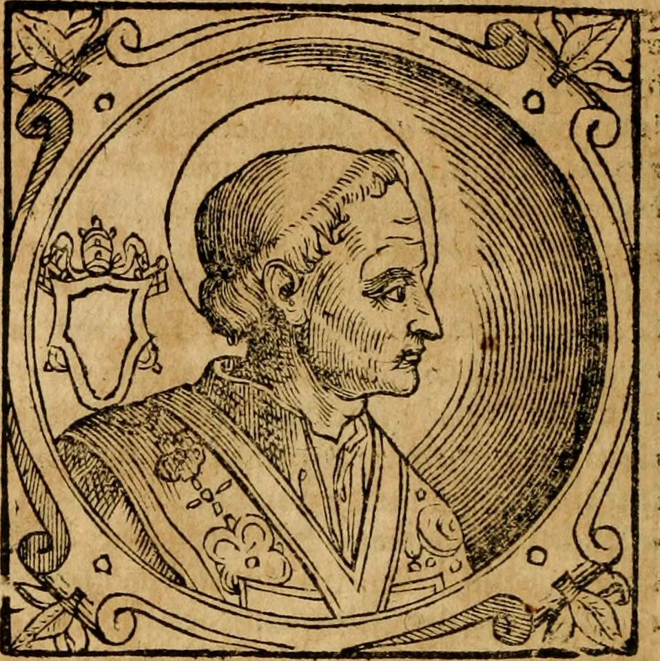An illustration from Historia B. Platinae de vitis pontificum Romanorum : a D.N. Jesu Christo usque ad Paulum II. venetum papam : longe' quam antea emendatior, doctissimarumq[ue] annotationum Onuphrii Panuinii accessione nunc illustrior reddita : cui, eiusdem Onuphrii accurata atque fideli operâ, reliquorum pontificum vitae, usq[ue] ad Pium V. & Antonii Ciccarellae, usq[ue] ad Clementem VIII. qui hodiè sanctæ Romanae Catholicae ecclesiae præsidet, adiunctæ sunt : accesserunt nunc demum omnium pontificum verae effigies : omnia summo studio emendata & correcta, 1600, leaf 71