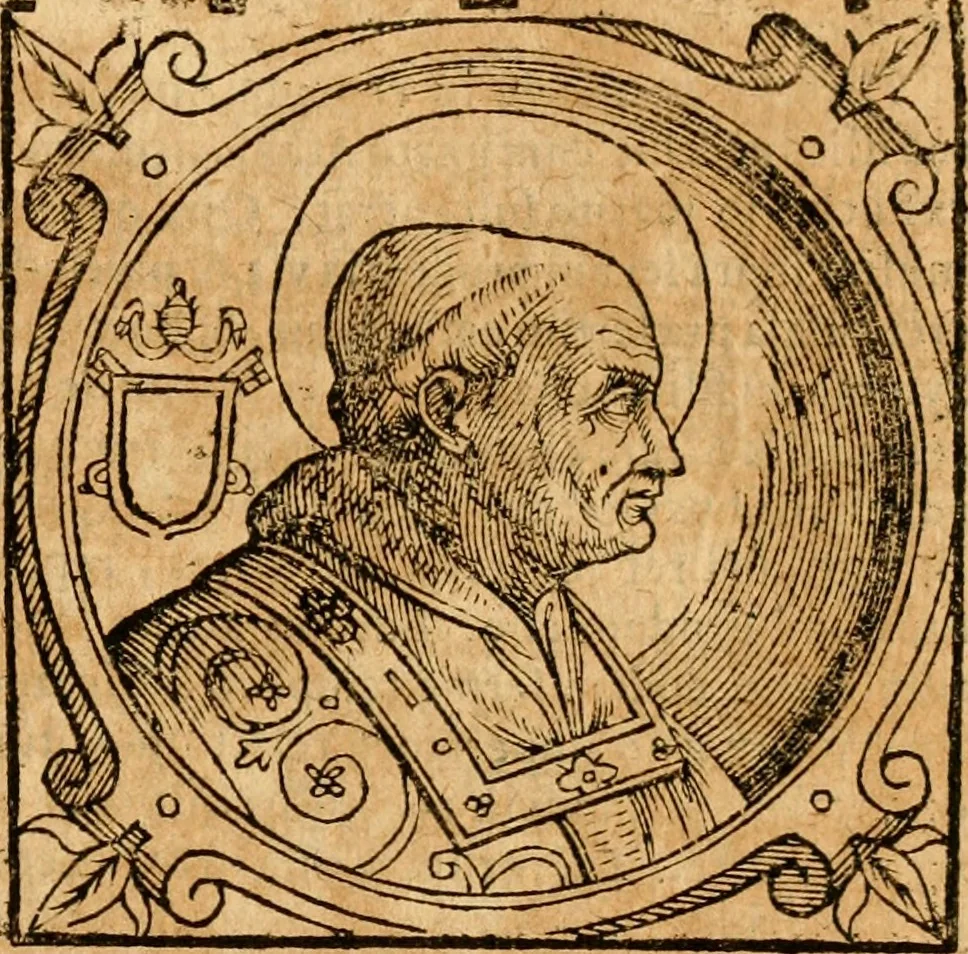 An illustration from Historia B. Platinae de vitis pontificum Romanorum : a D.N. Jesu Christo usque ad Paulum II. venetum papam : longe' quam antea emendatior, doctissimarumq[ue] annotationum Onuphrii Panuinii accessione nunc illustrior reddita : cui, eiusdem Onuphrii accurata atque fideli operâ, reliquorum pontificum vitae, usq[ue] ad Pium V. & Antonii Ciccarellae, usq[ue] ad Clementem VIII. qui hodiè sanctæ Romanae Catholicae ecclesiae præsidet, adiunctæ sunt : accesserunt nunc demum omnium pontificum verae effigies : omnia summo studio emendata & correcta, 1600, leaf 72